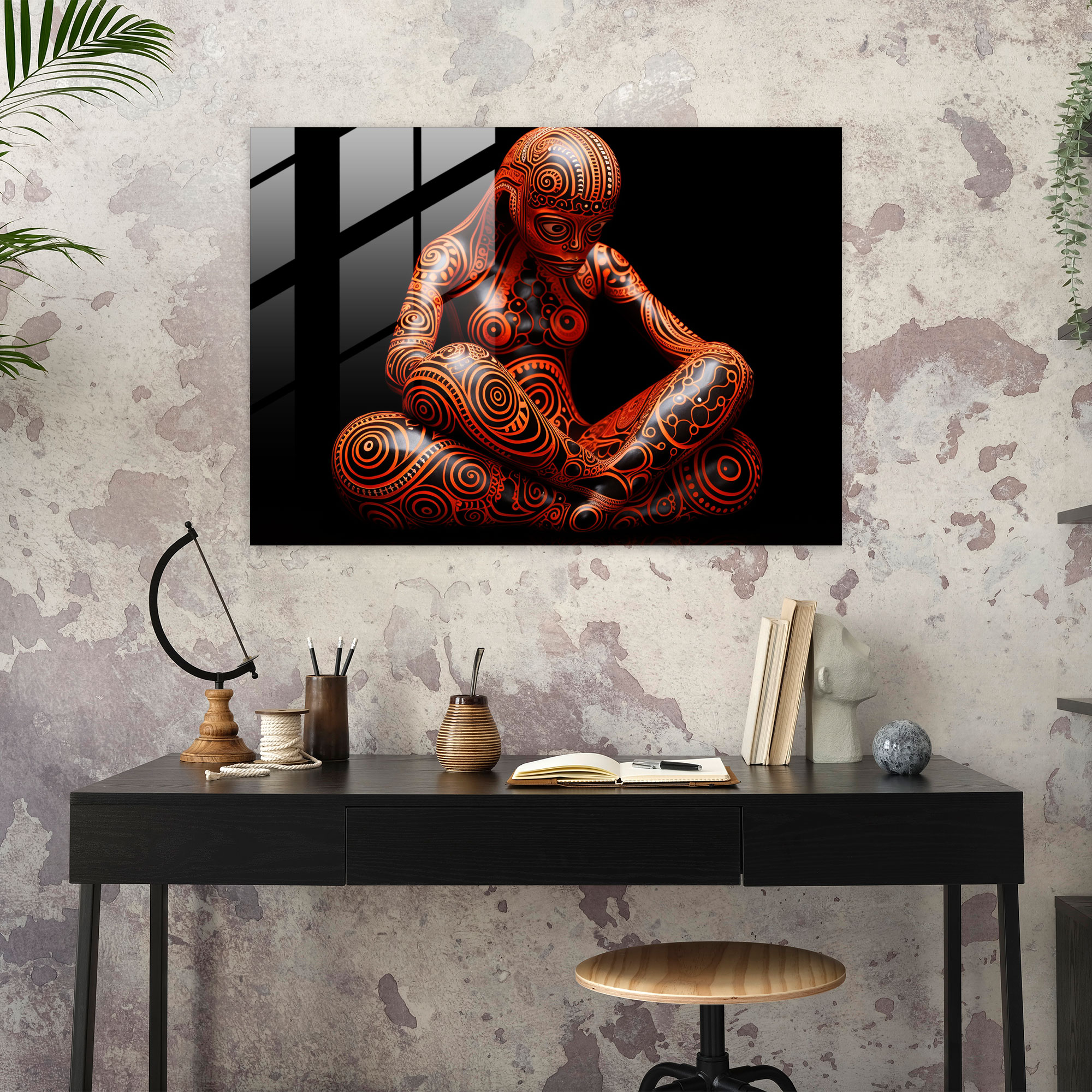 Aboriginal Ceramic Sculpture Glass Wall Art - Aborginal, Intricate Body Paint Patterns, Glass Wall Art, Artistic Traditions