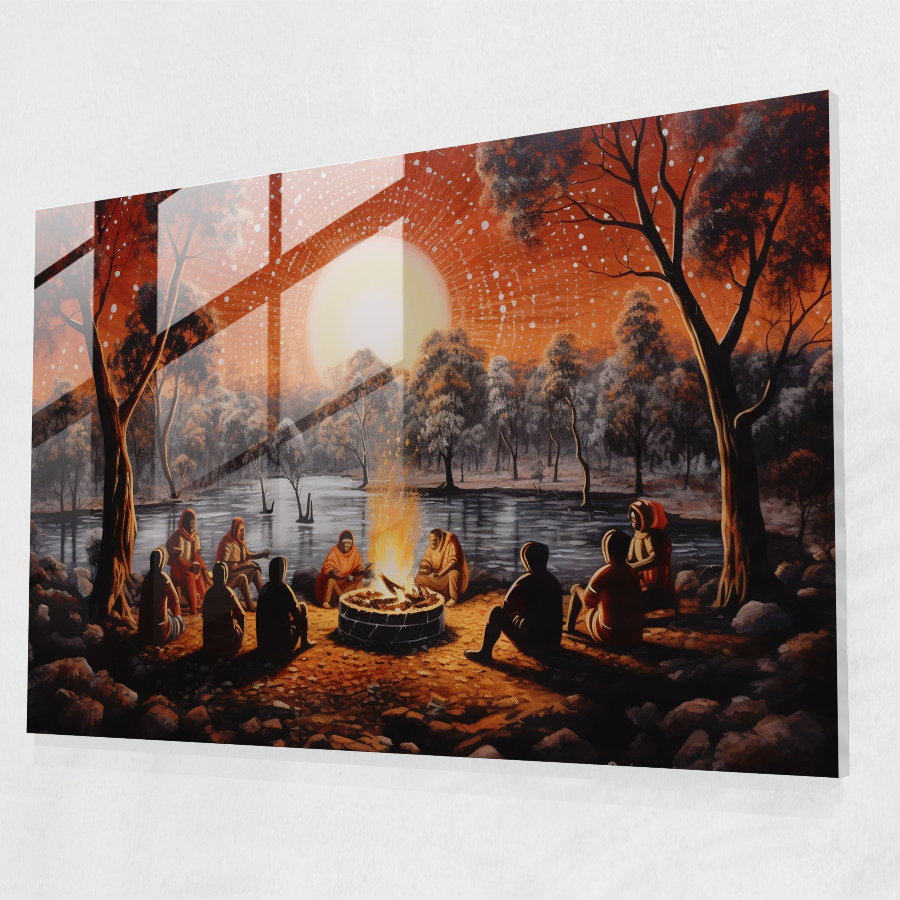 Aboriginal Glass Print - Gathering Around The Fire - Aborginal, Aboriginal, Glass Print, Wall Decoration