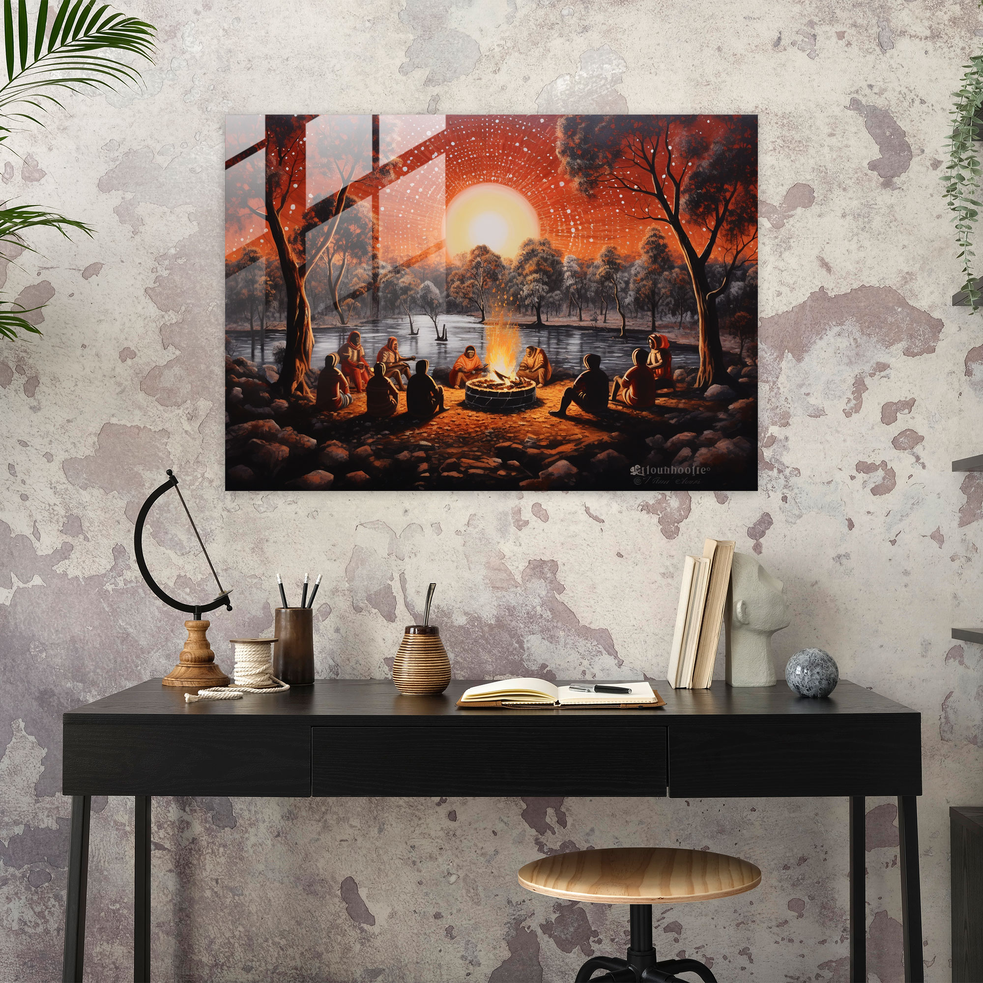 Aboriginal Glass Print - Gathering Around The Fire - Aborginal, Aboriginal, Glass Print, Wall Decoration