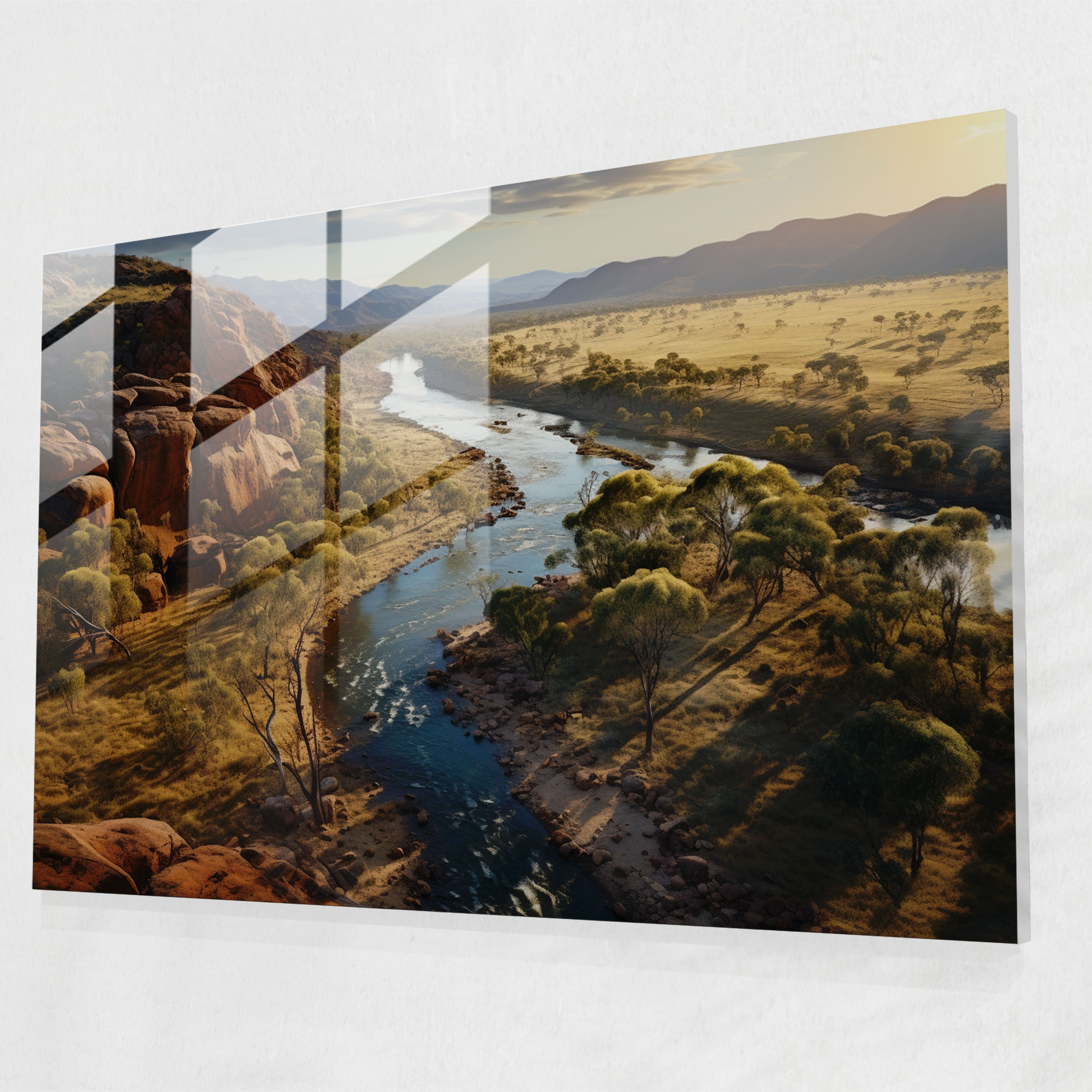 Aboriginal Glass Print - Serene Landscape - Aborginal, Wall Decoration, Ethereal Beauty, Glass Print