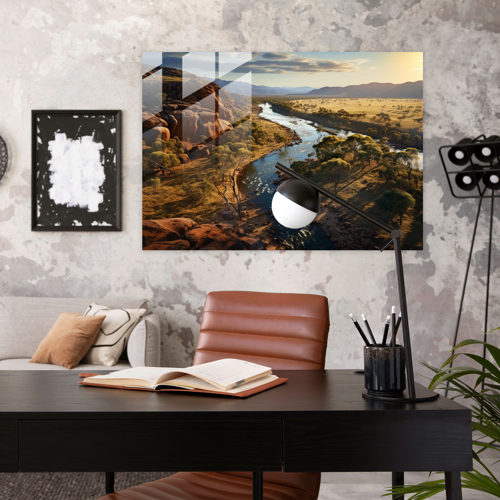 Aboriginal Glass Print - Serene Landscape - Aborginal, Wall Decoration, Ethereal Beauty, Glass Print