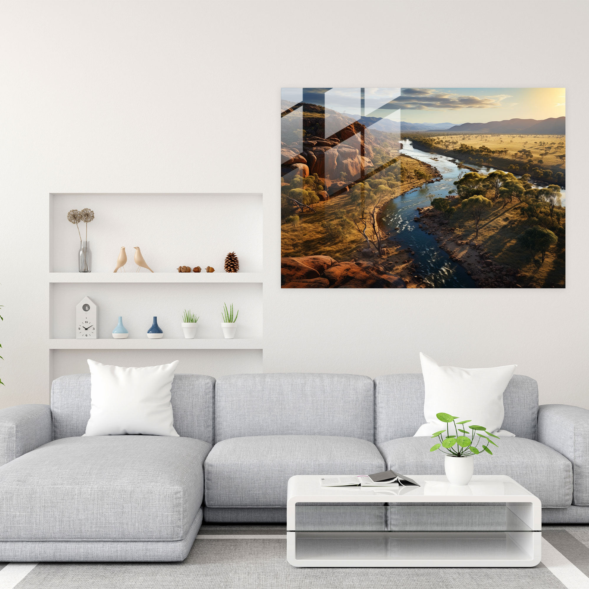Aboriginal Glass Print - Serene Landscape - Aborginal, Wall Decoration, Ethereal Beauty, Glass Print