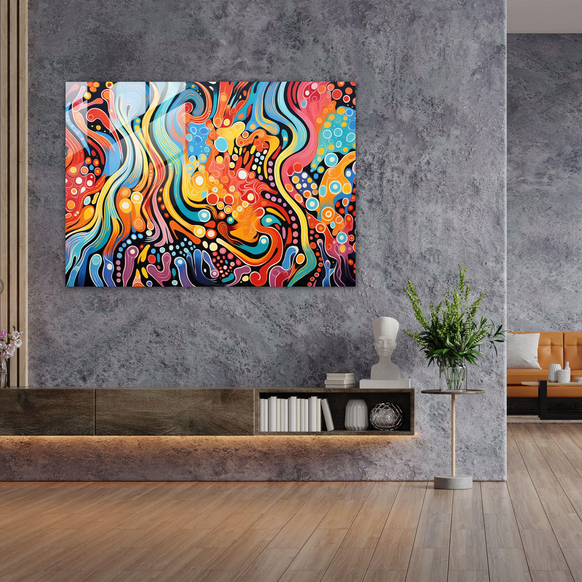 Aboriginal Glass Print: Vibrant Abstract Painting - Aborginal, Glass Art, Modern Art, Vibrant Colors