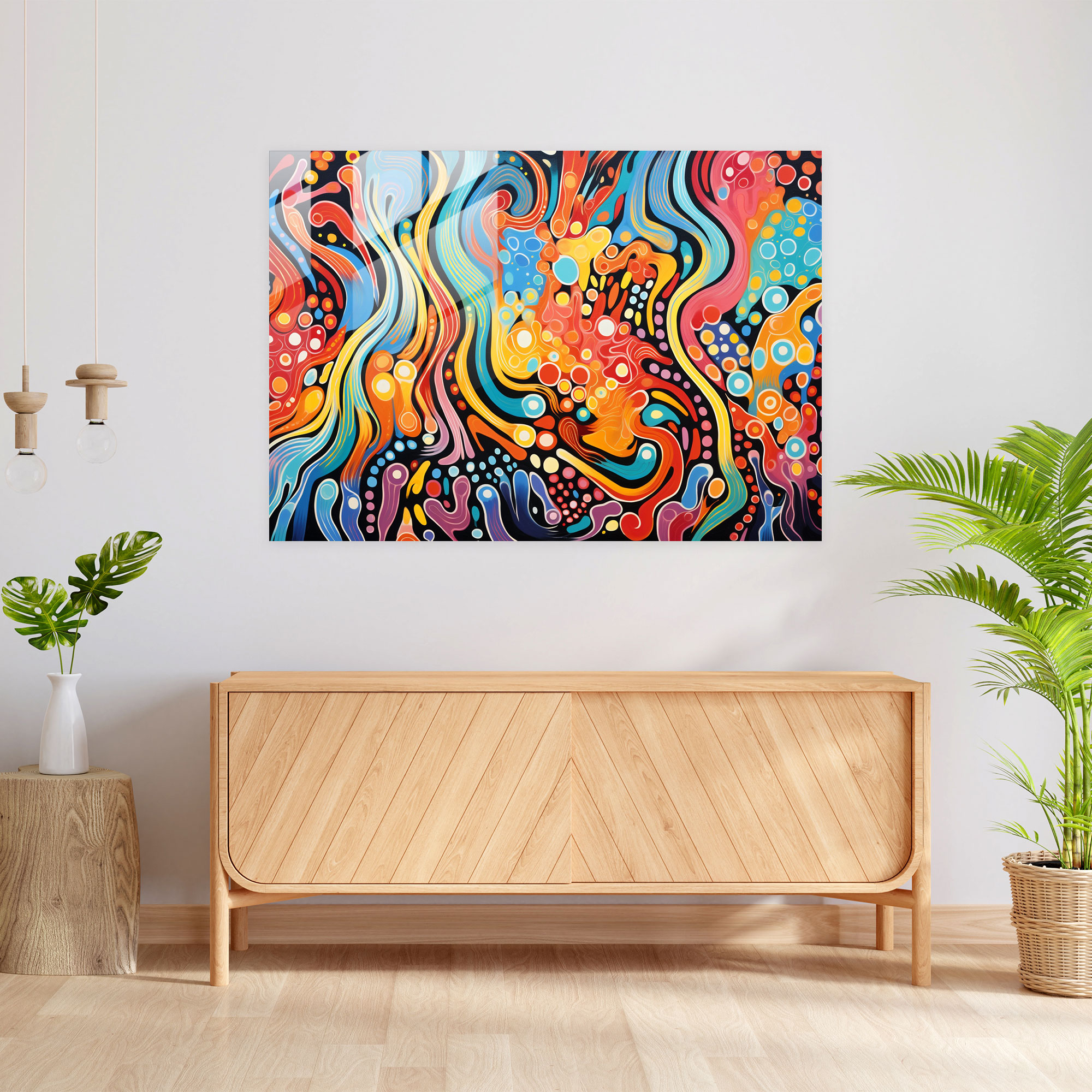 Aboriginal Glass Print: Vibrant Abstract Painting - Aborginal, Glass Art, Modern Art, Vibrant Colors