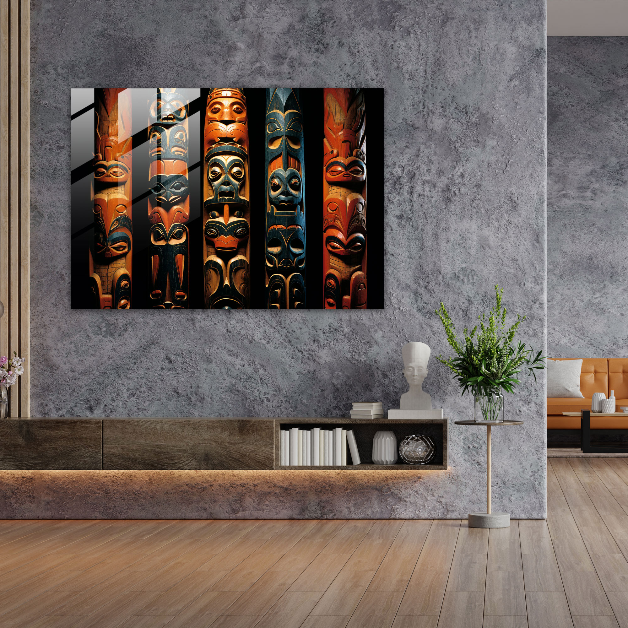 Aboriginal Glass Print: Totem Pole Carving - Aborginal, Modern Art, Wall Decoration, Glass Print