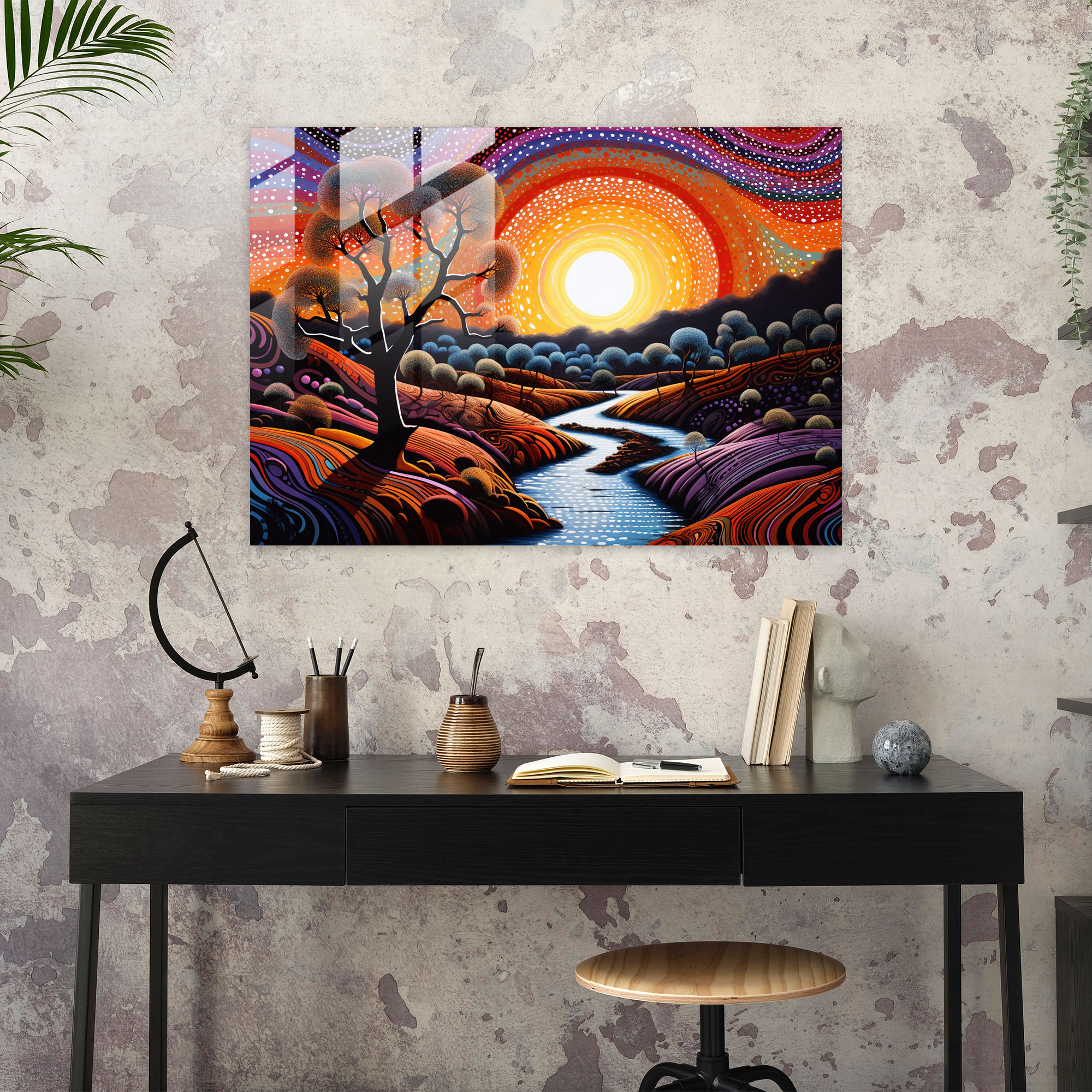 Aboriginal Glass Print: Surreal Landscape - Aborginal, Modern Art, Vivid Colors, Surreal Landscape
