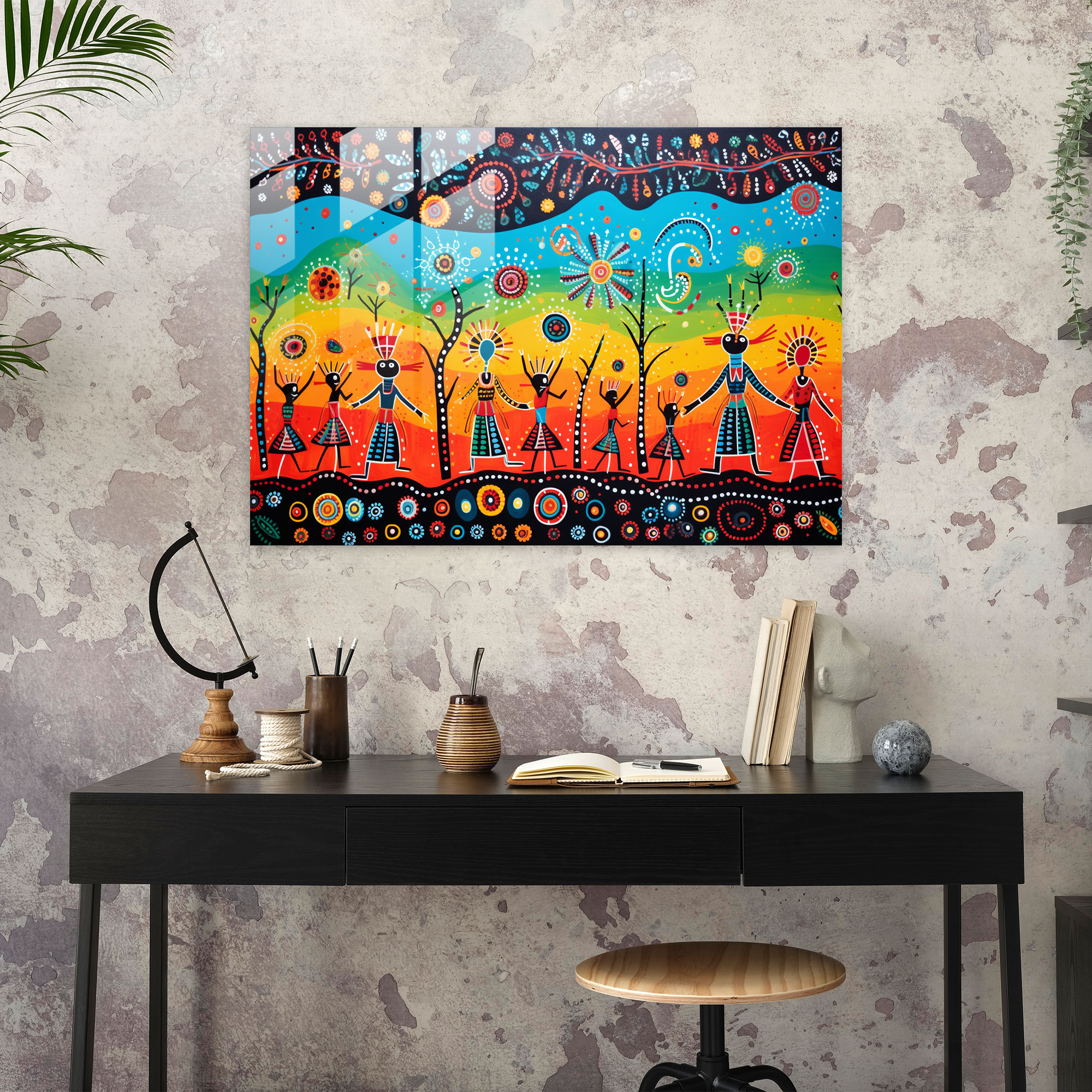 Aboriginal Glass Print: Joyful Whimsy - Aborginal, Whimsical, Aboriginal, Wall Decoration