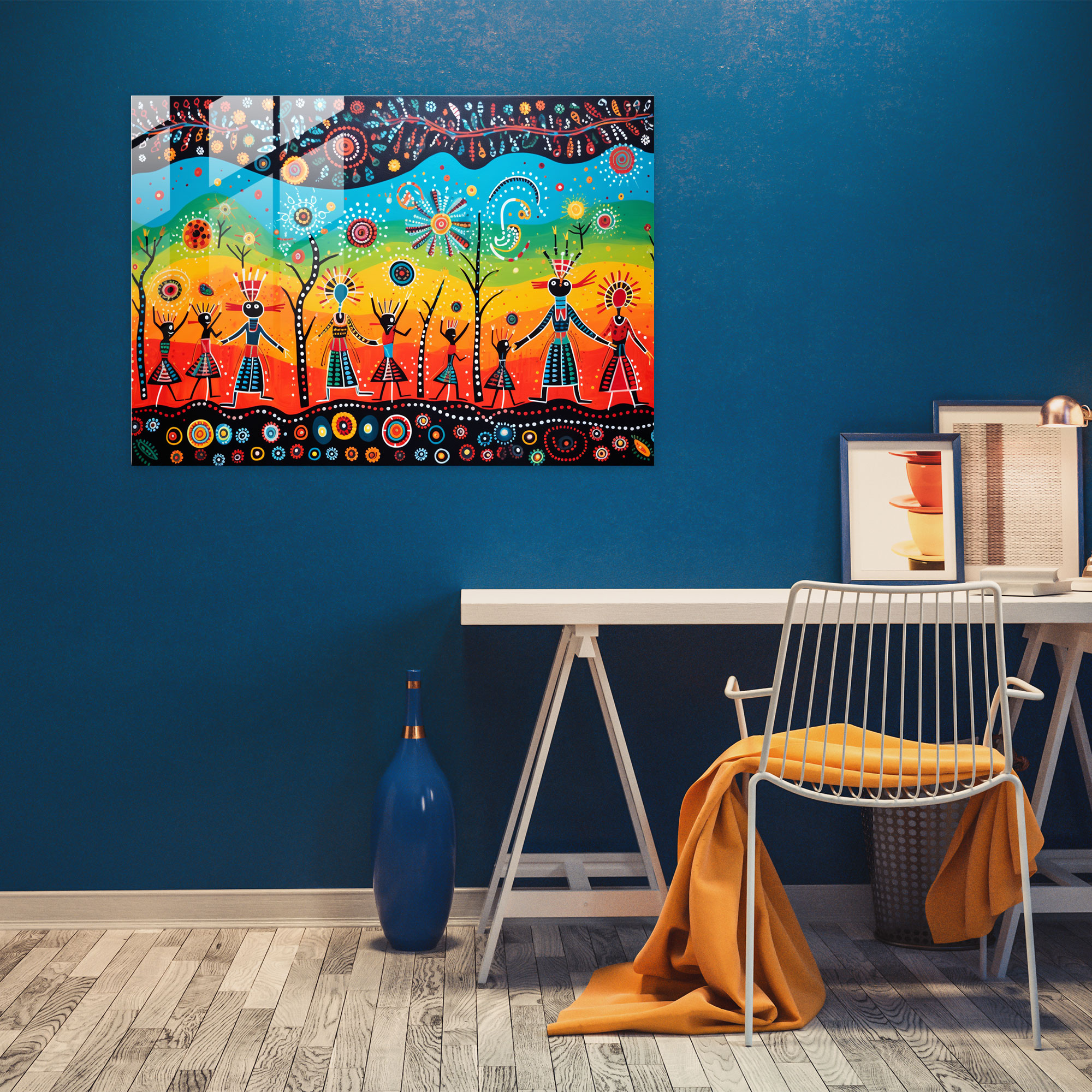 Aboriginal Glass Print: Joyful Whimsy - Aborginal, Whimsical, Aboriginal, Wall Decoration