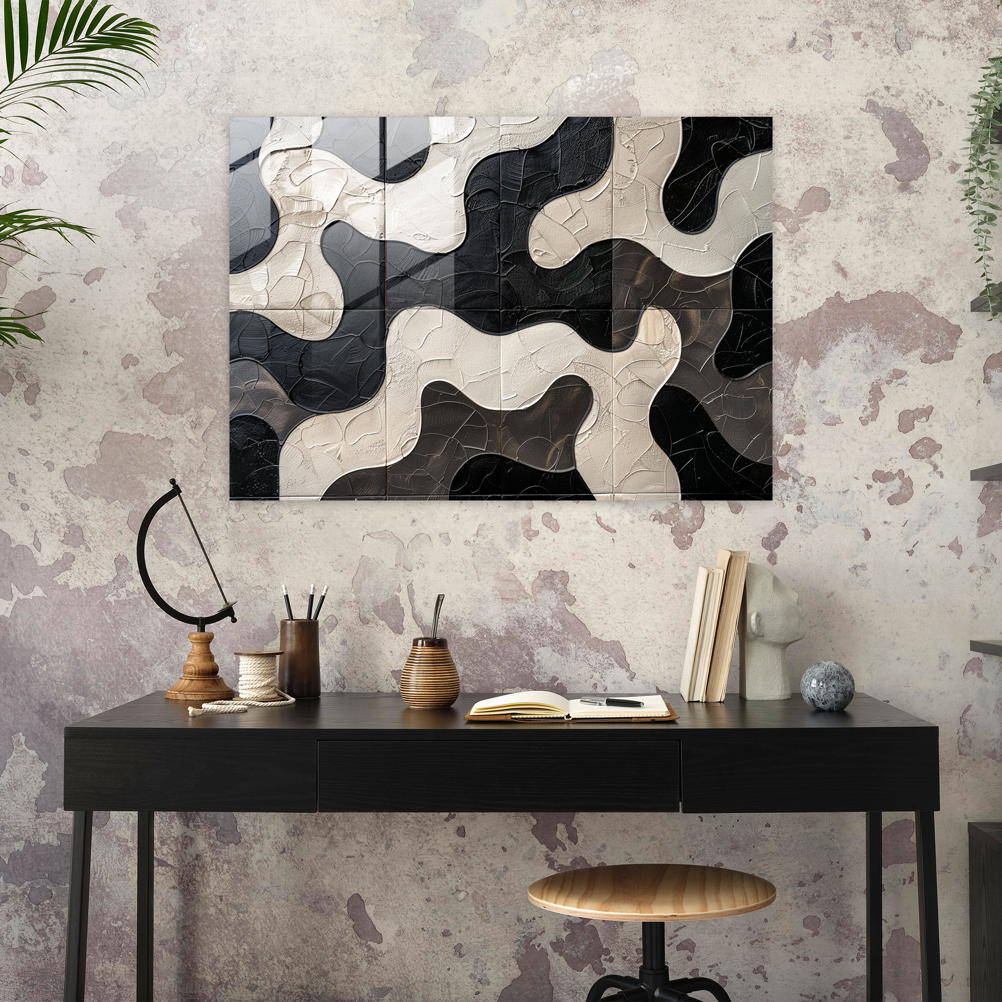 Monochromatic Interlock Abstract Art Wall Decoration - Abstract Art, Interlocking Shapes, Wall Decoration, Glass Print
