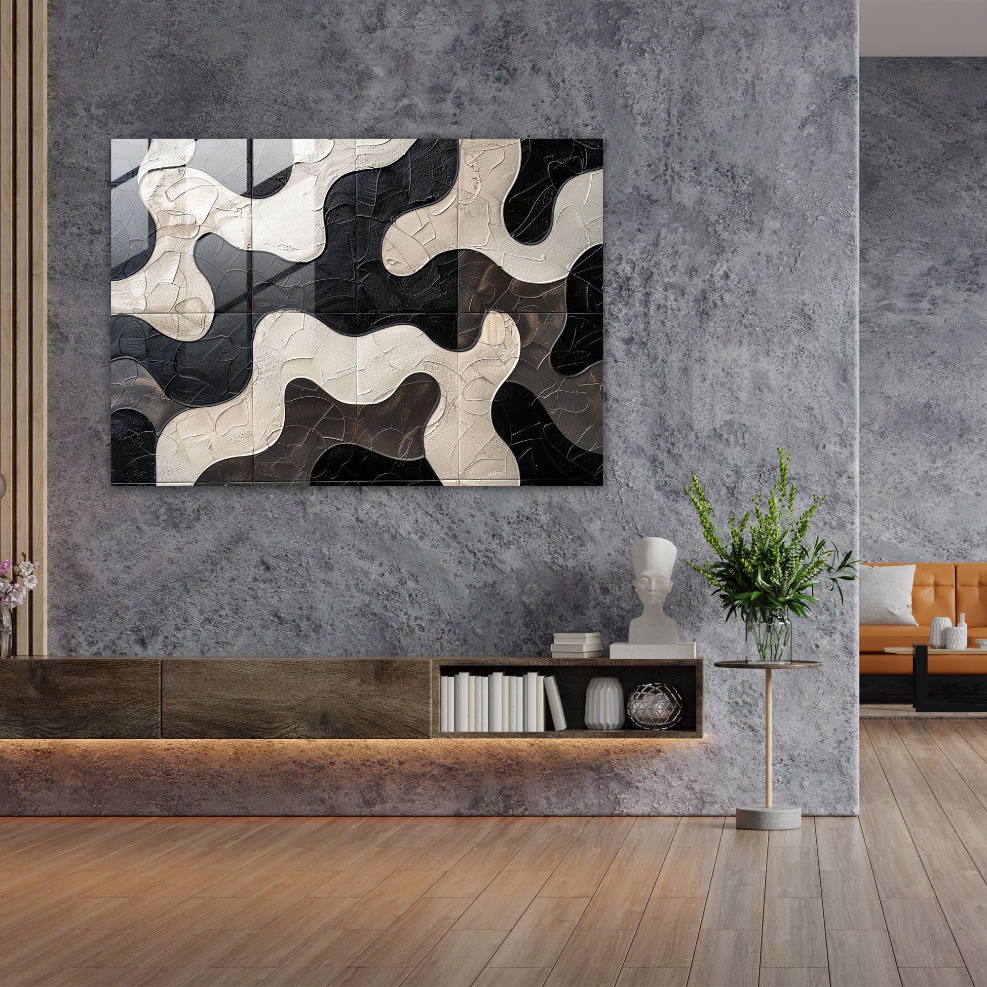 Monochromatic Interlock Abstract Art Wall Decoration - Abstract Art, Interlocking Shapes, Wall Decoration, Glass Print