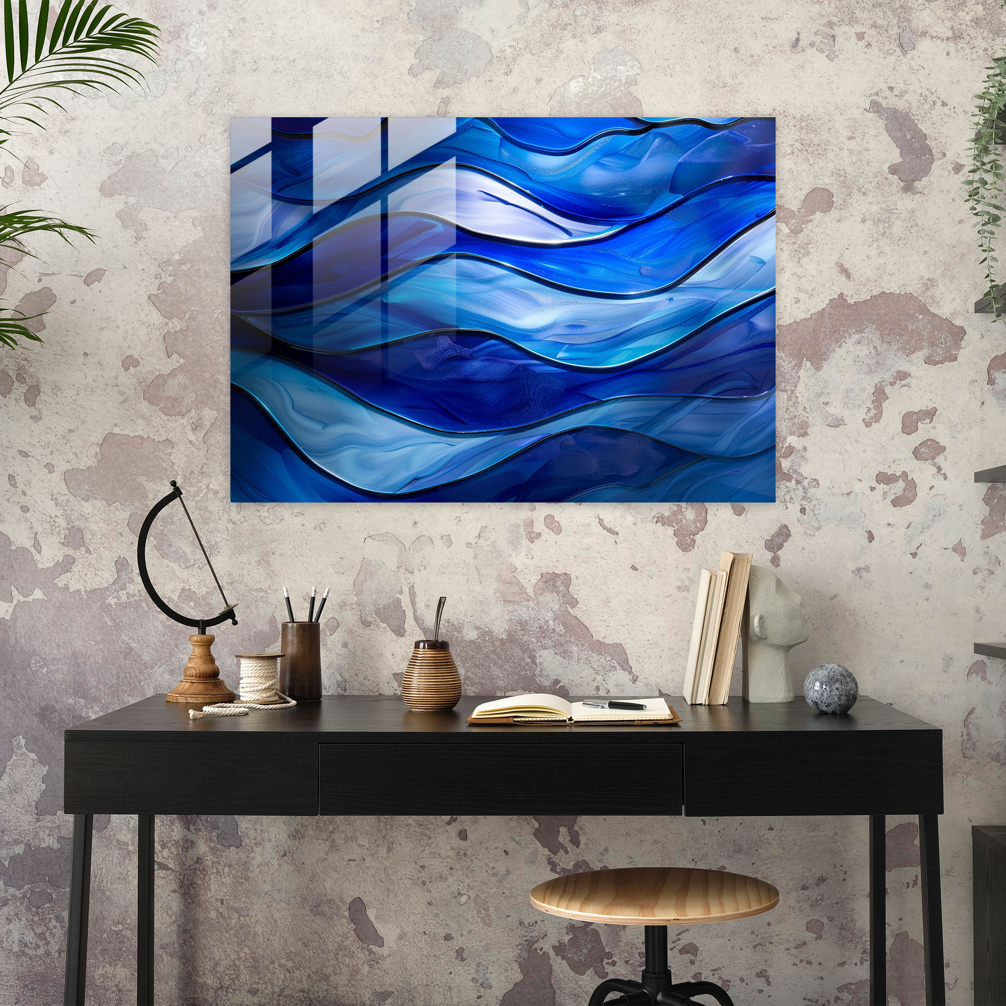 Abstract Art Glass Wall Art, Moody Blues And Flowing Lines - Abstract Art, Glass Art, Home Decoration, Abstract Art