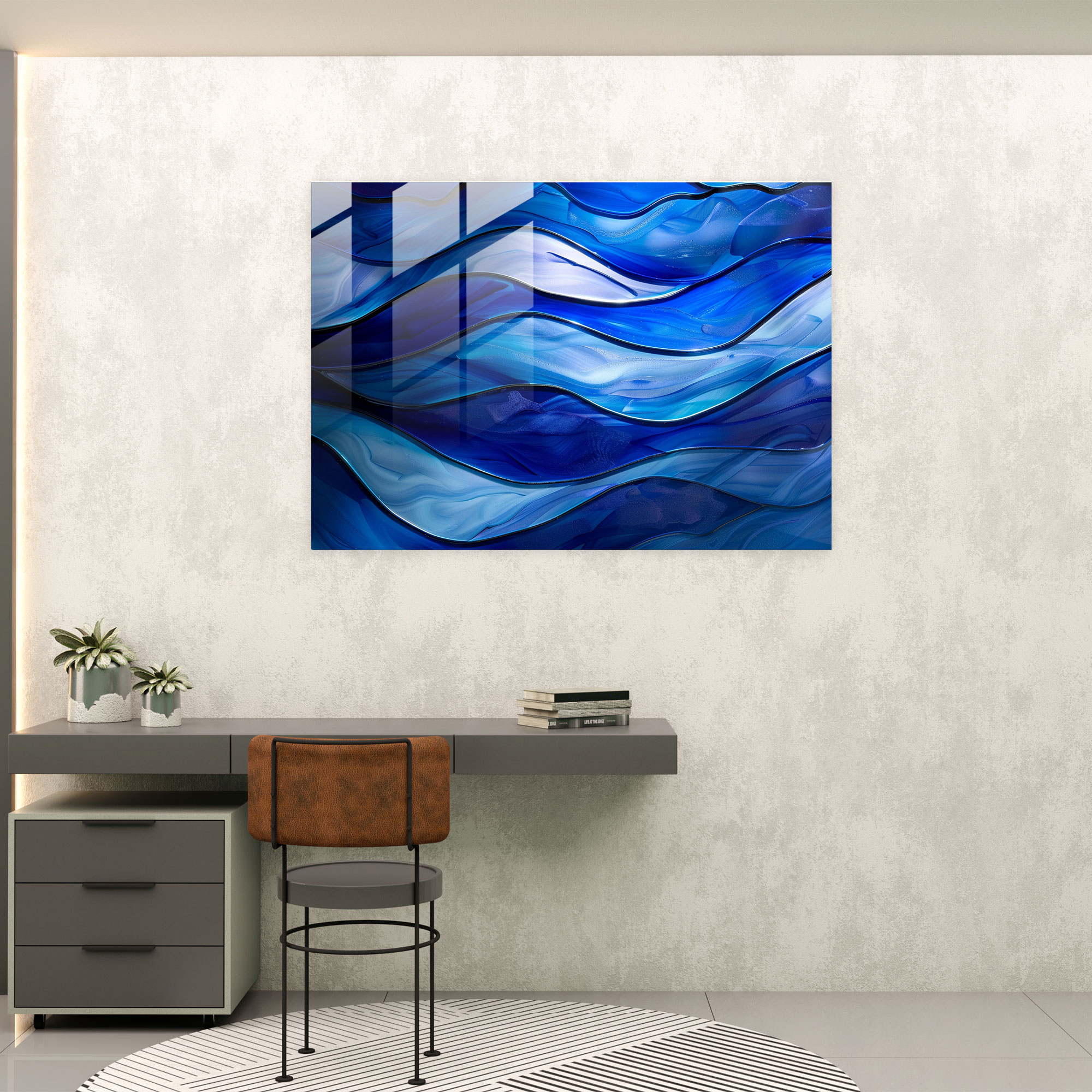 Abstract Art Glass Wall Art, Moody Blues And Flowing Lines - Abstract Art, Glass Art, Home Decoration, Abstract Art