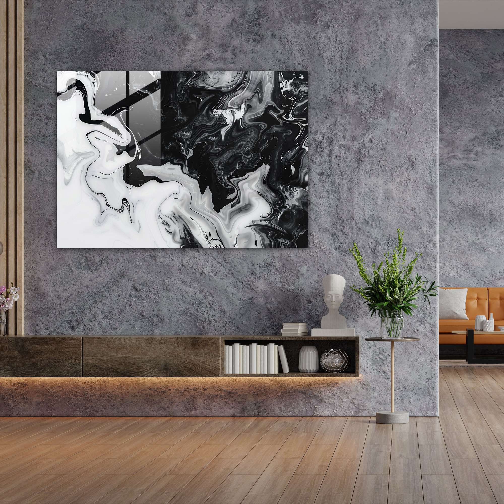 Monochromatic Abstract Glass Print - Abstract Art, Glass Print, Fluid Lines, Abstract Art