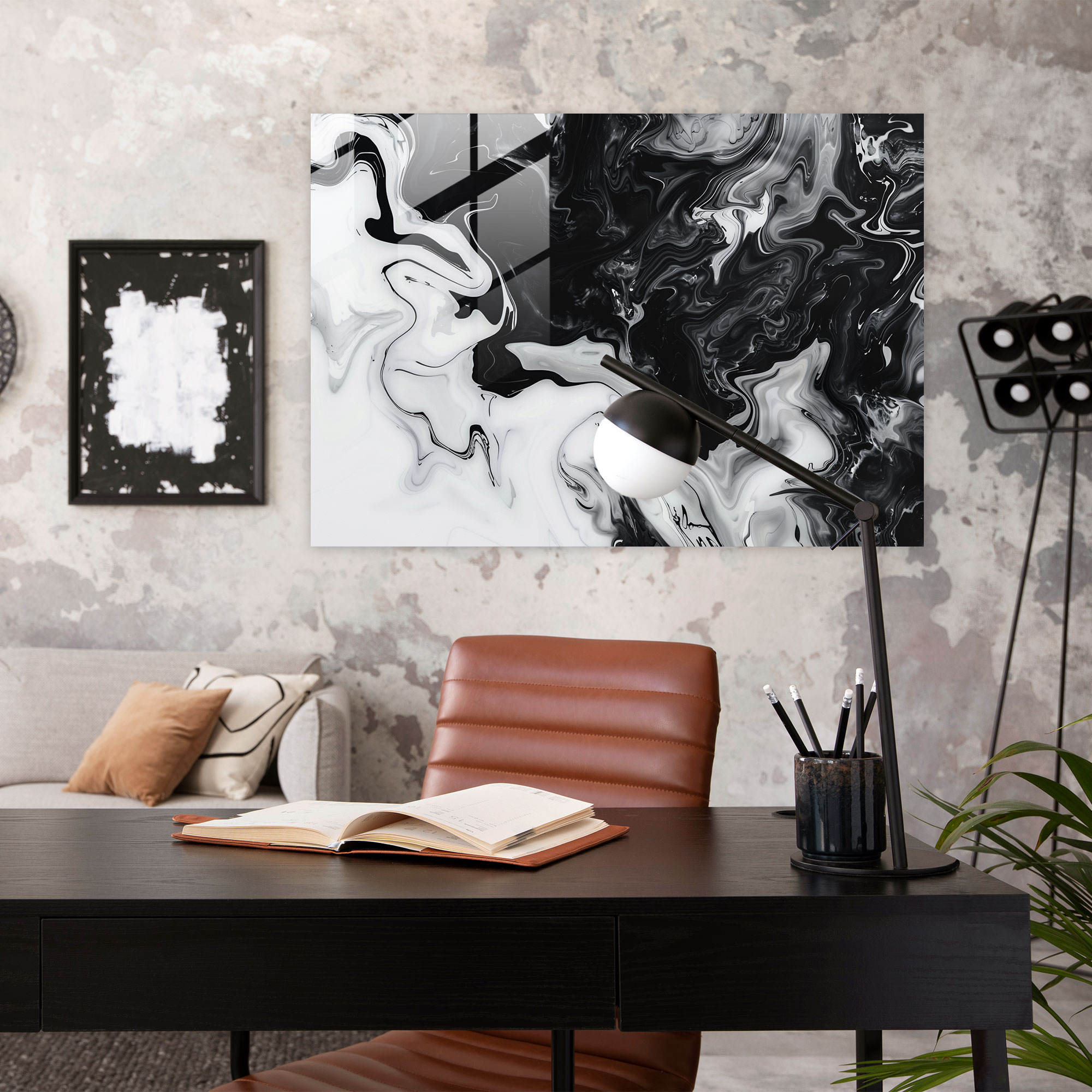 Monochromatic Abstract Glass Print - Abstract Art, Glass Print, Fluid Lines, Abstract Art