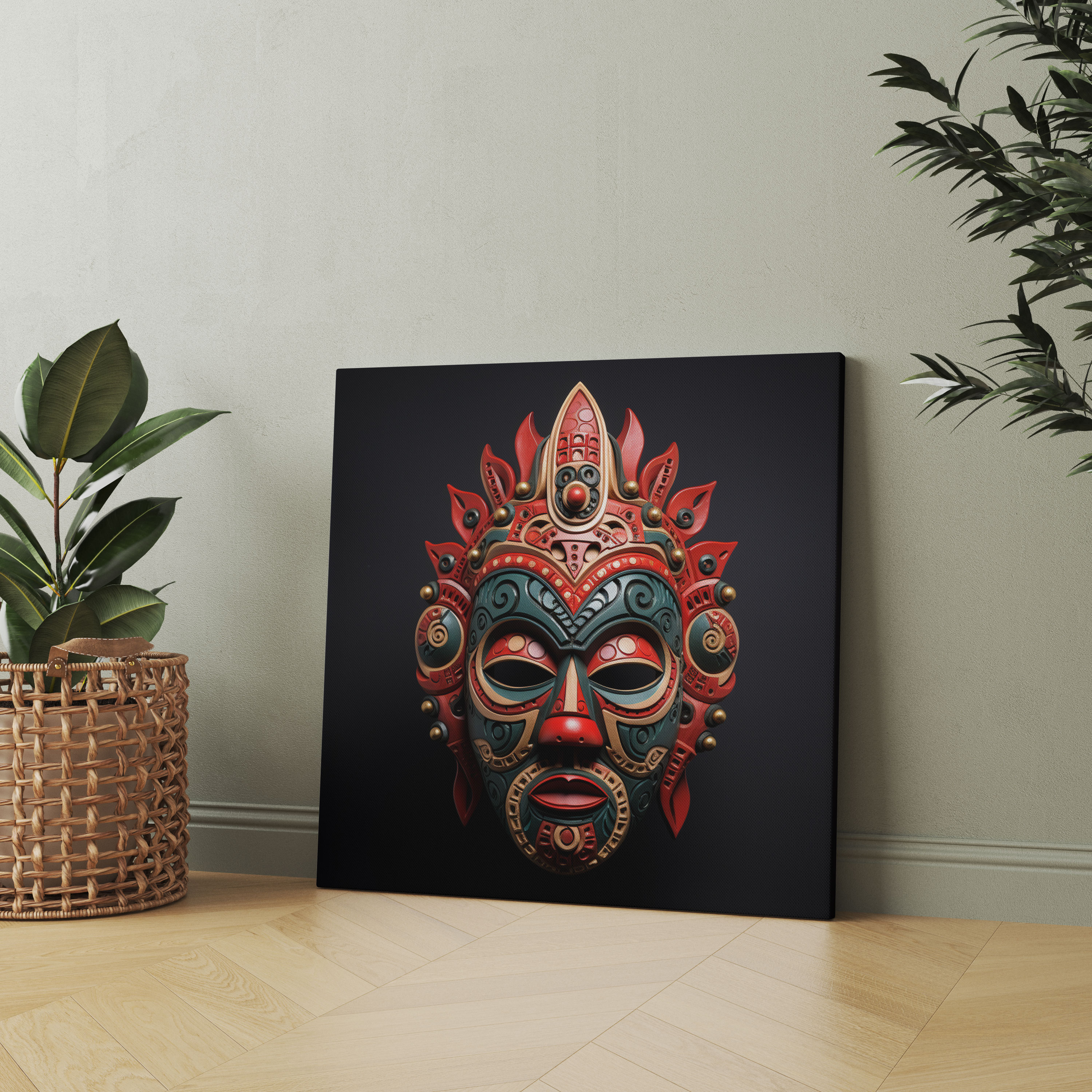 Indigenous Ceremonial Mask Canvas Print - Spiritual Wall Art - Aboriginal, Canvas Wall Art, Vibrant Tribal Patterns, Wall Art