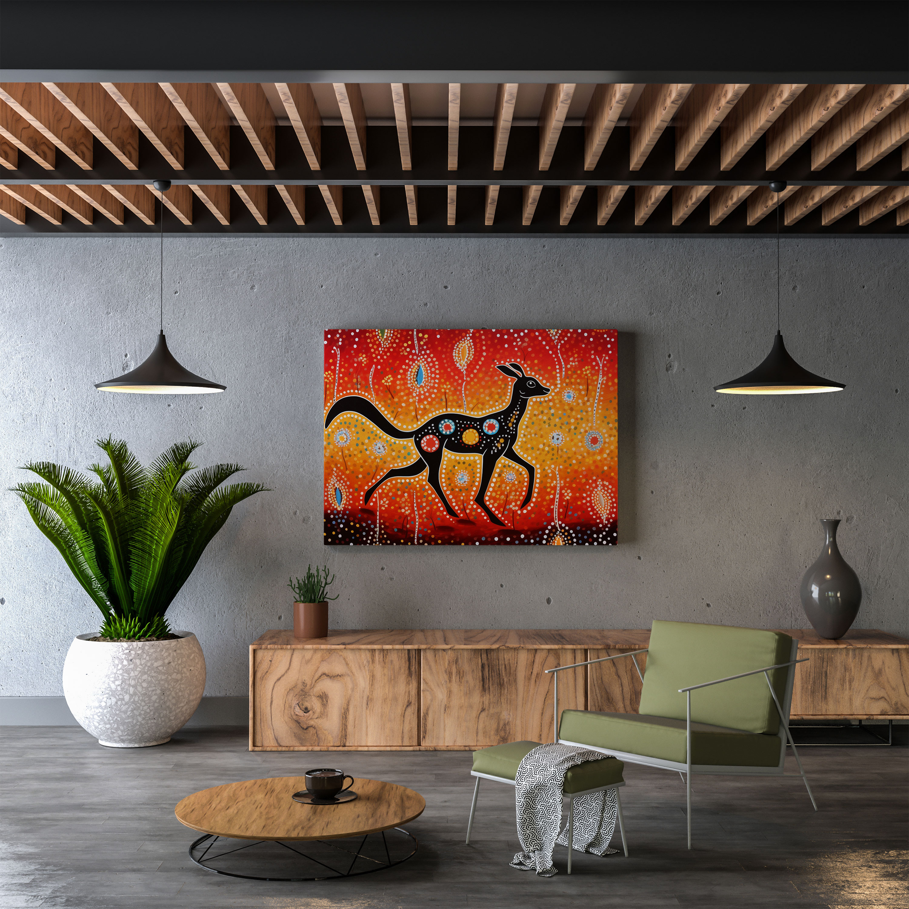Aboriginal Dot Painting Canvas Print - Kangaroo In The Outback - Aboriginal, Outback, Bold Colors, Home Decoration