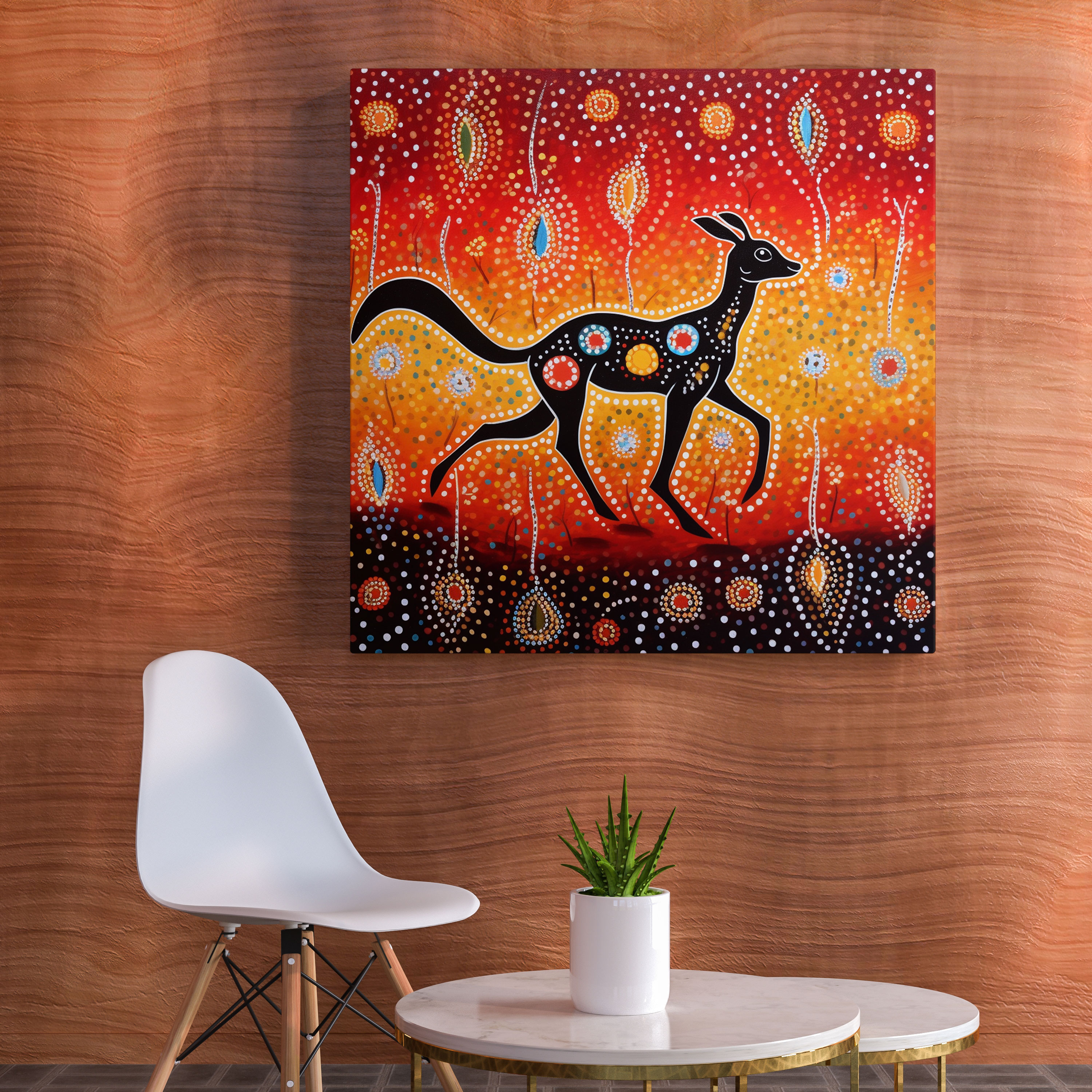 Aboriginal Dot Painting Canvas Print - Kangaroo In The Outback - Aboriginal, Outback, Bold Colors, Home Decoration