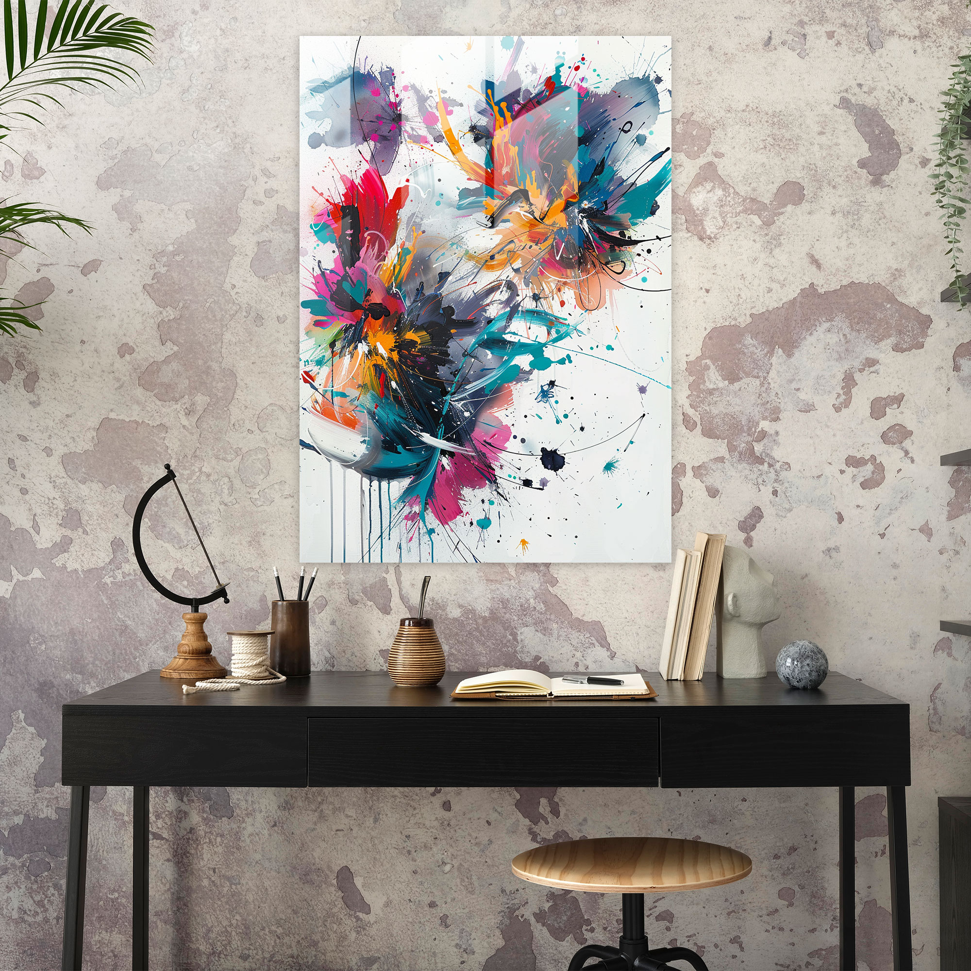 Expressive Splatters Glass Wall Art - Action Painting, Glass Wall Art, Action Painting, Wall Decoration