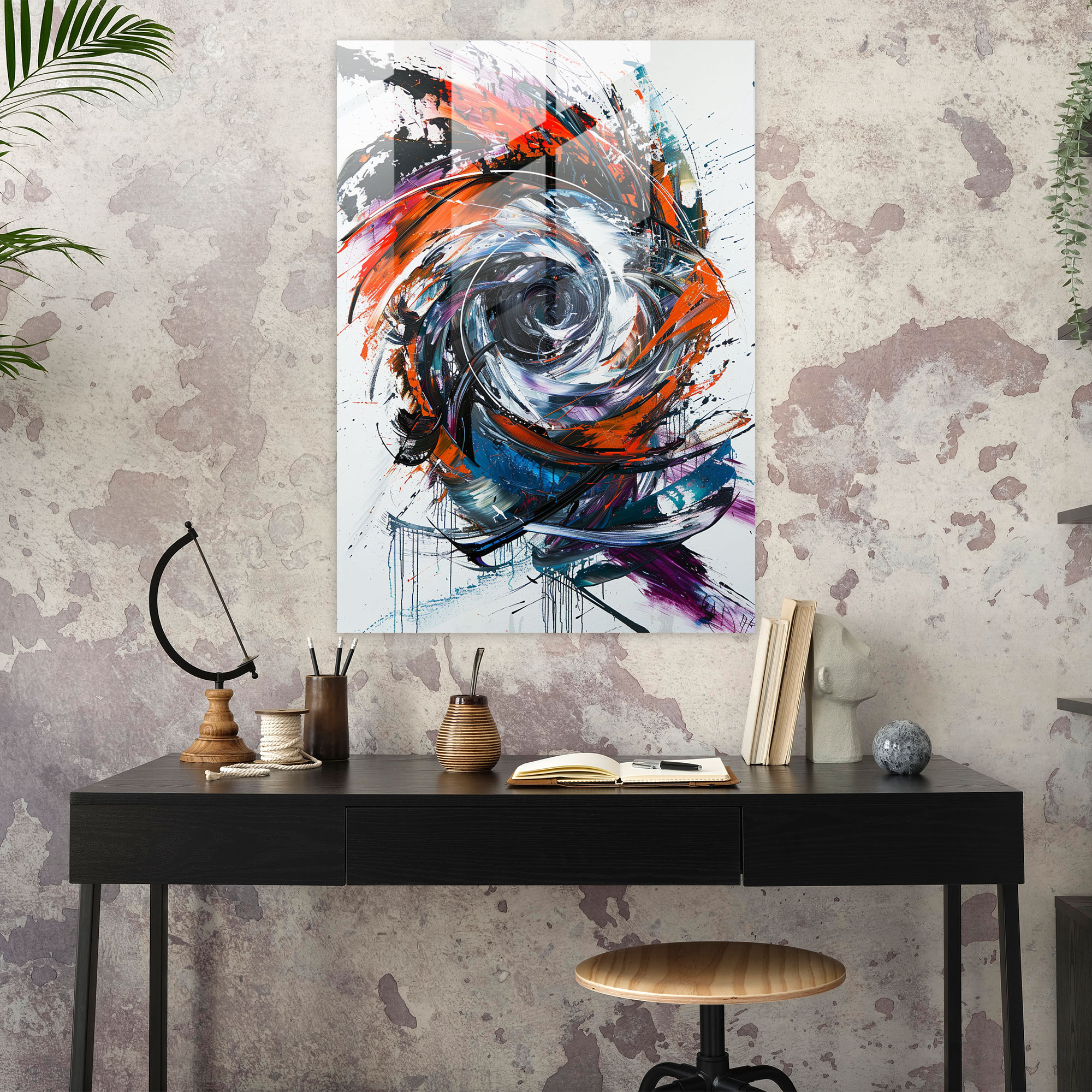 Energetic Spirals Action Painting Glass Art - Action Painting, Wall Decoration, Home Decoration, Spiraling Shapes