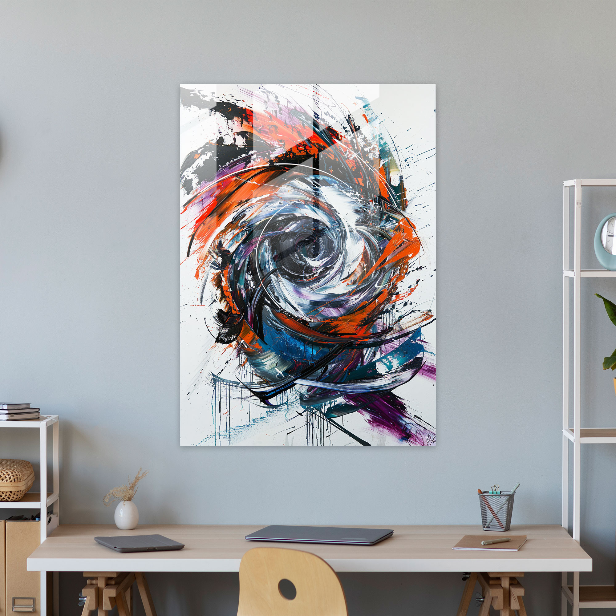 Energetic Spirals Action Painting Glass Art - Action Painting, Wall Decoration, Home Decoration, Spiraling Shapes