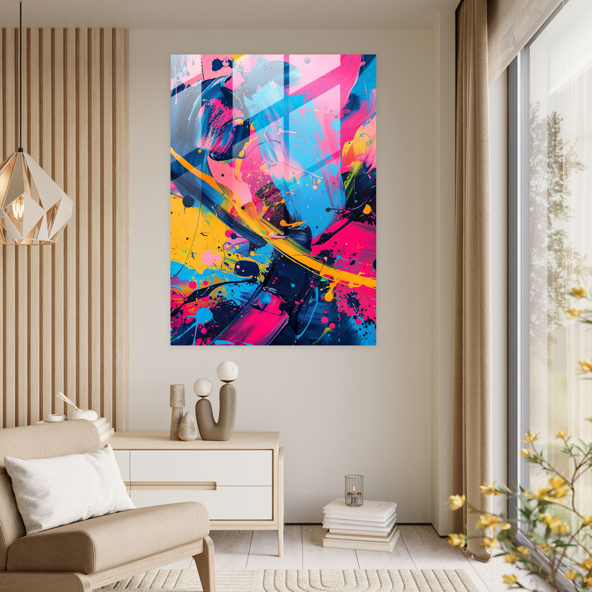 Neon Explosion Glass Print - Action Painting, Glass Print, Modern Art, Abstract Art
