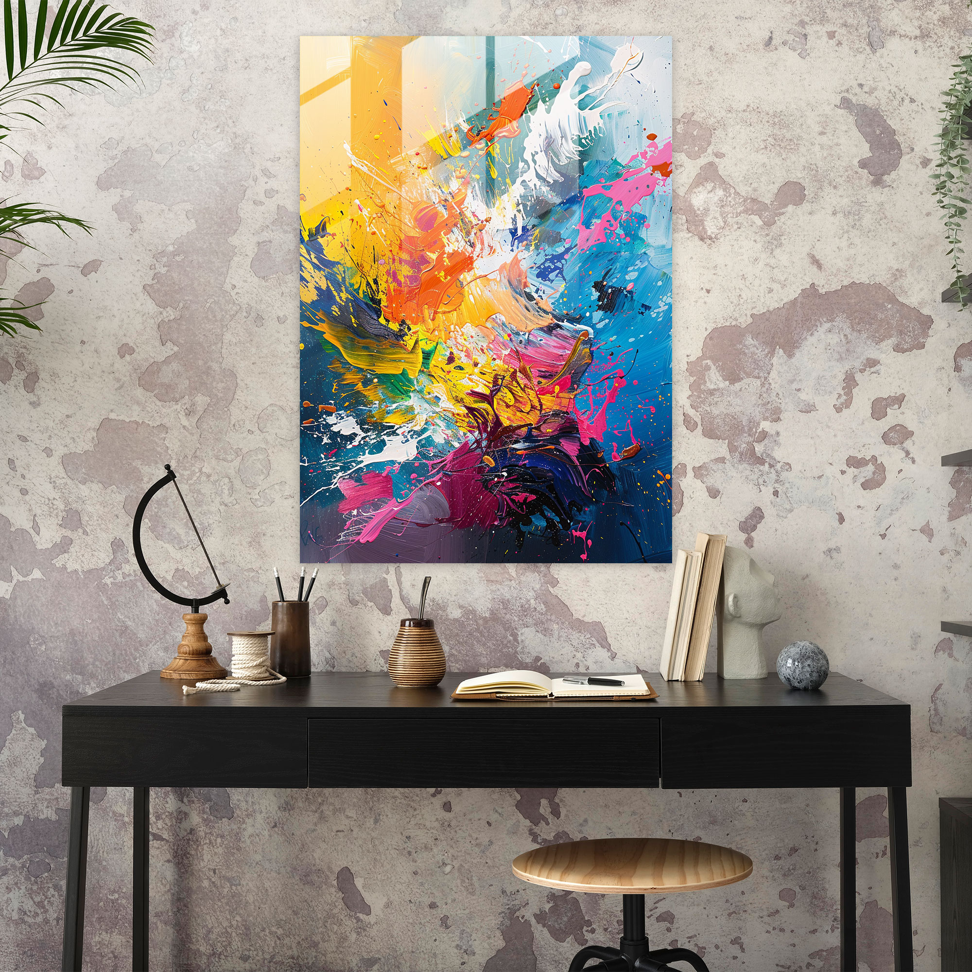 Energetic Splashes Glass Wall Art - Action Painting, Vibrant Hues, Glass Wall Art, Action Painting