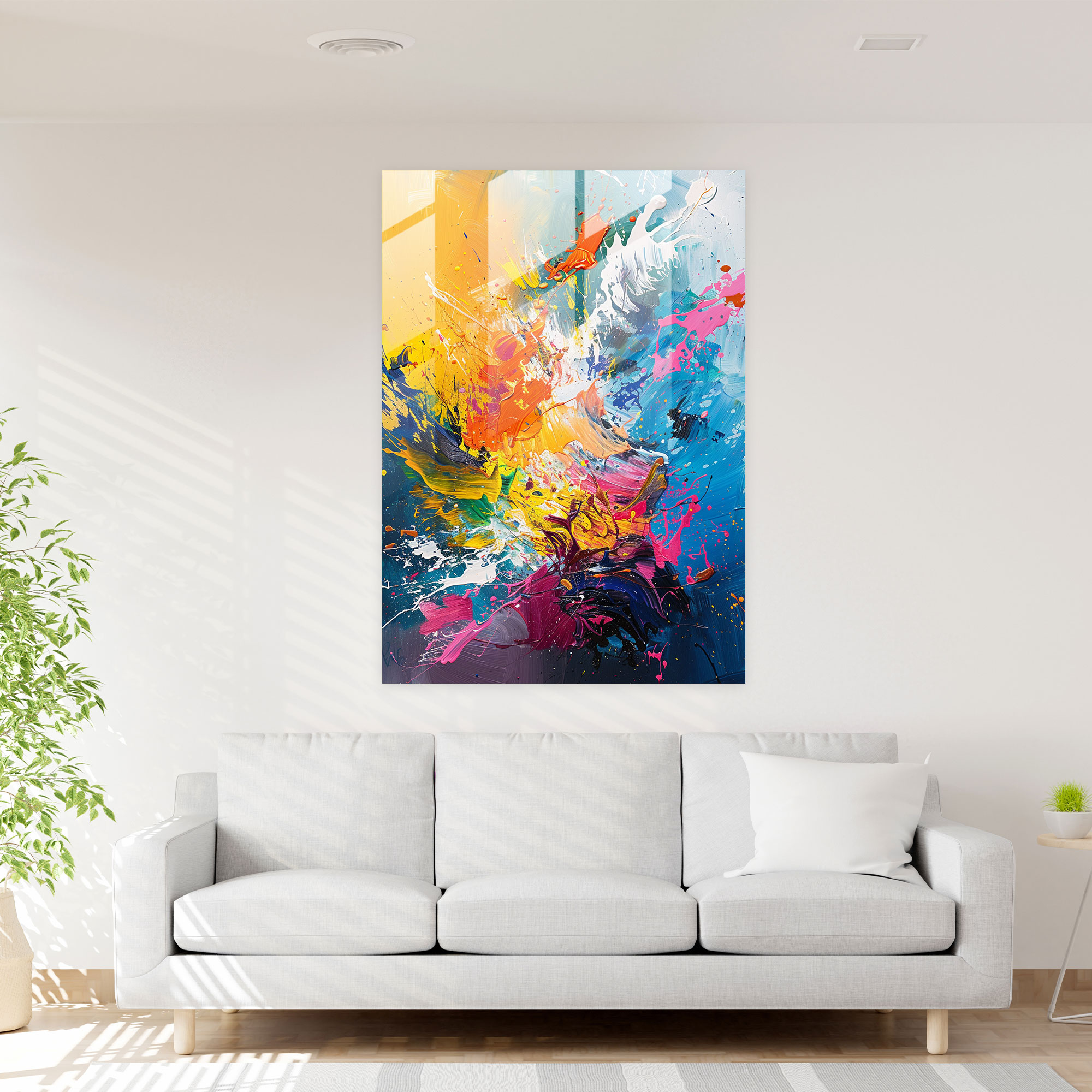 Energetic Splashes Glass Wall Art - Action Painting, Vibrant Hues, Glass Wall Art, Action Painting