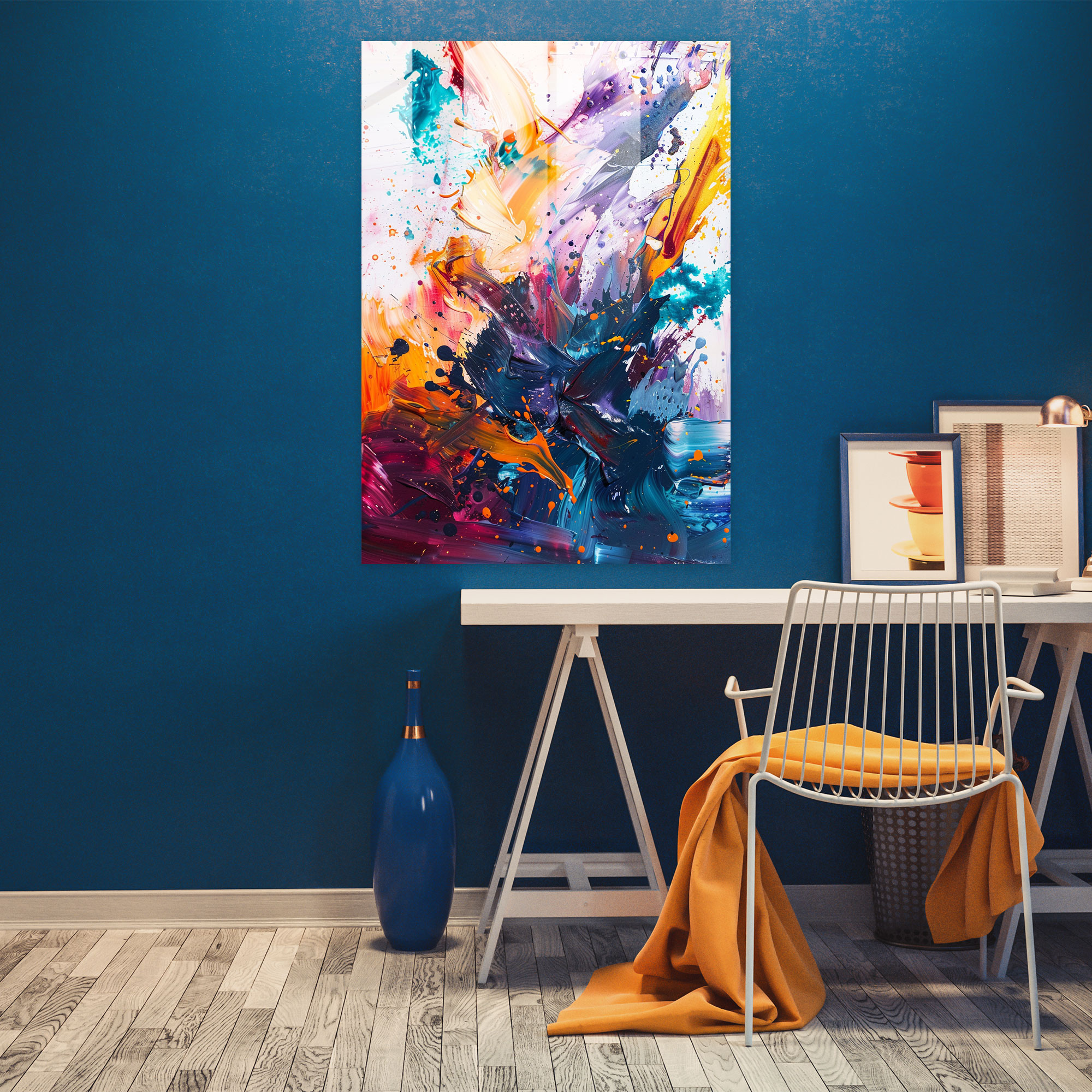 Chaotic Splashes Glass Print - Action Painting, Wall Decoration, Home Decoration, Modern Art