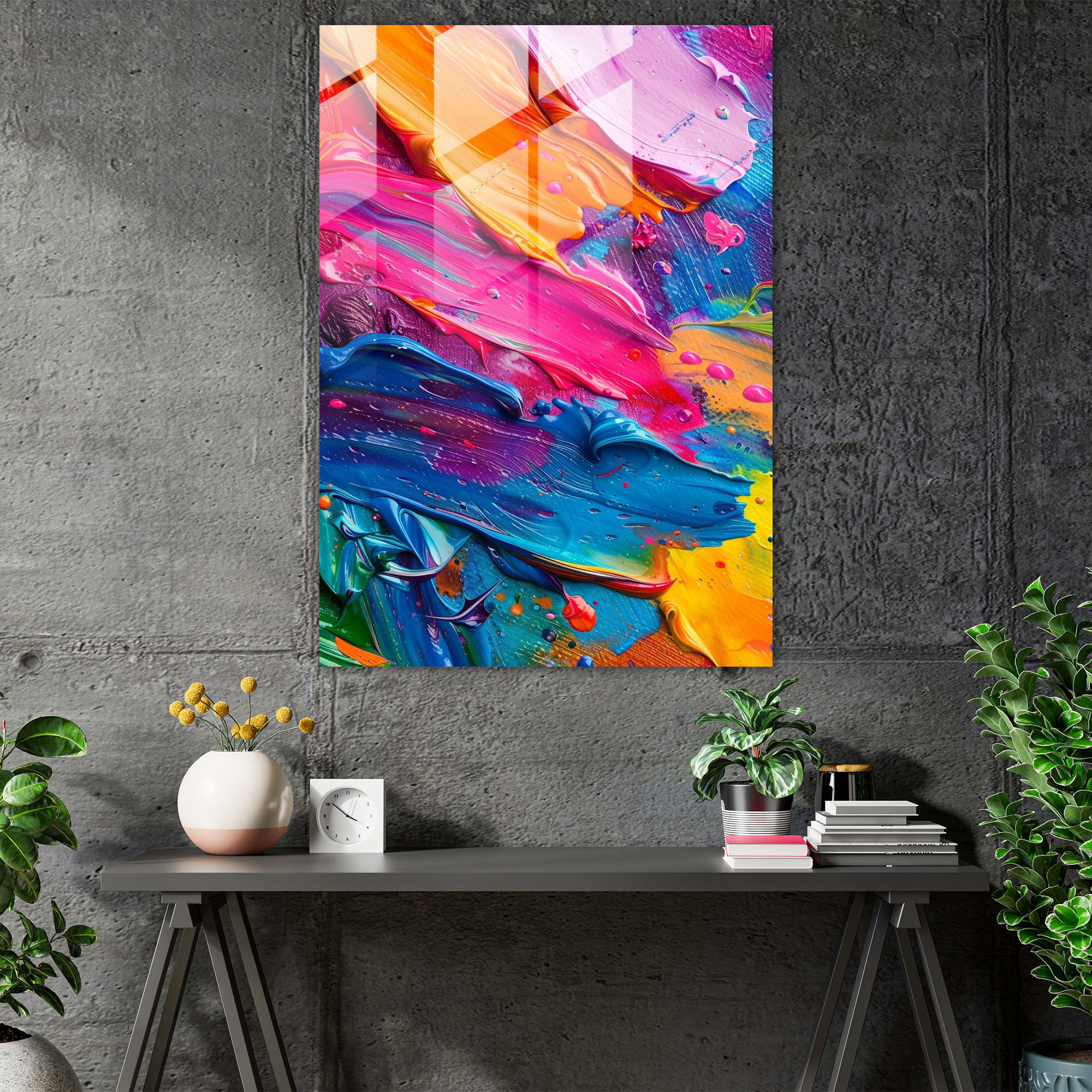 Vibrant Blends Action Painting Modern Art - Action Painting, Home Decoration, Modern Art, Glass Print