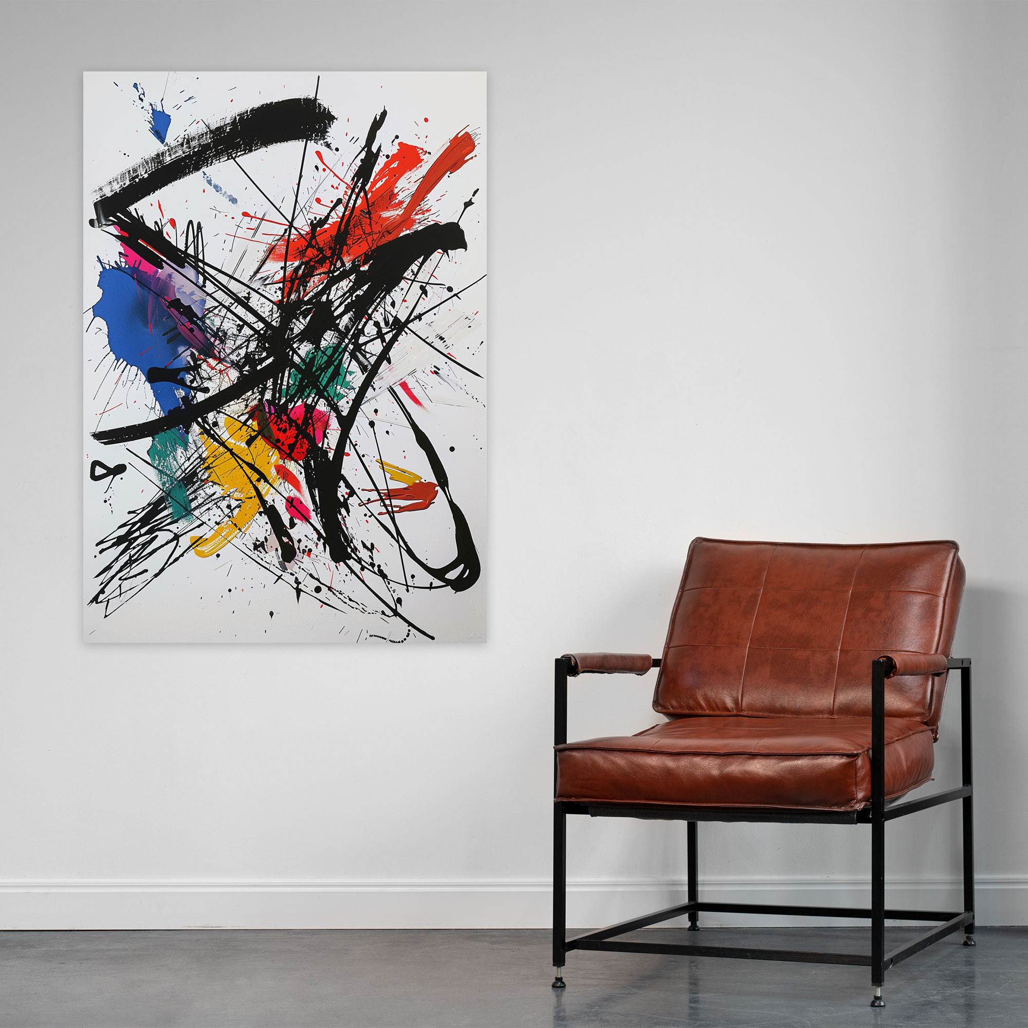 Action Painting Wall Art: Black Lines And Colorful Splashes - Action Painting, Wall Art, Home Decoration, Canvas
