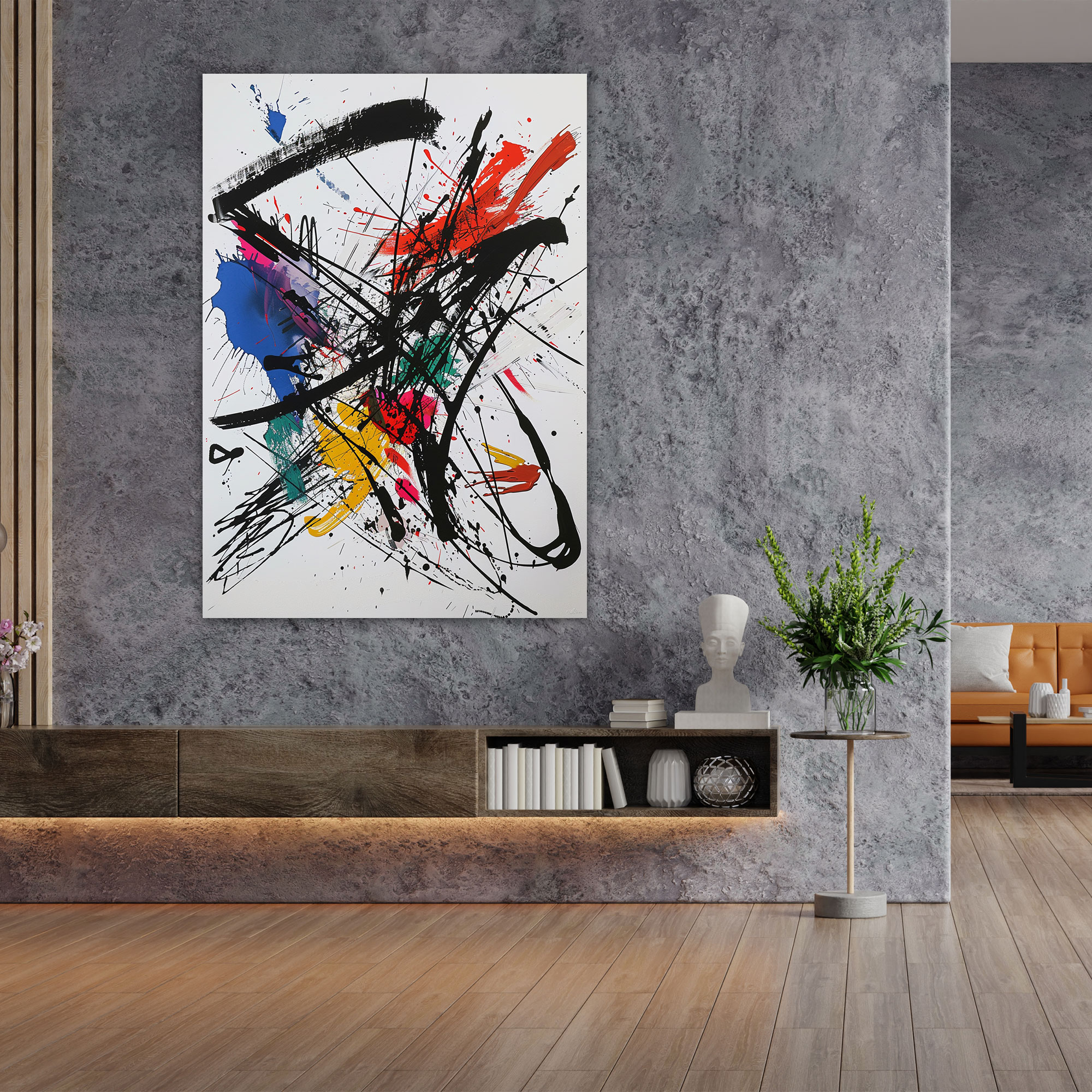 Action Painting Wall Art: Black Lines And Colorful Splashes - Action Painting, Wall Art, Home Decoration, Canvas