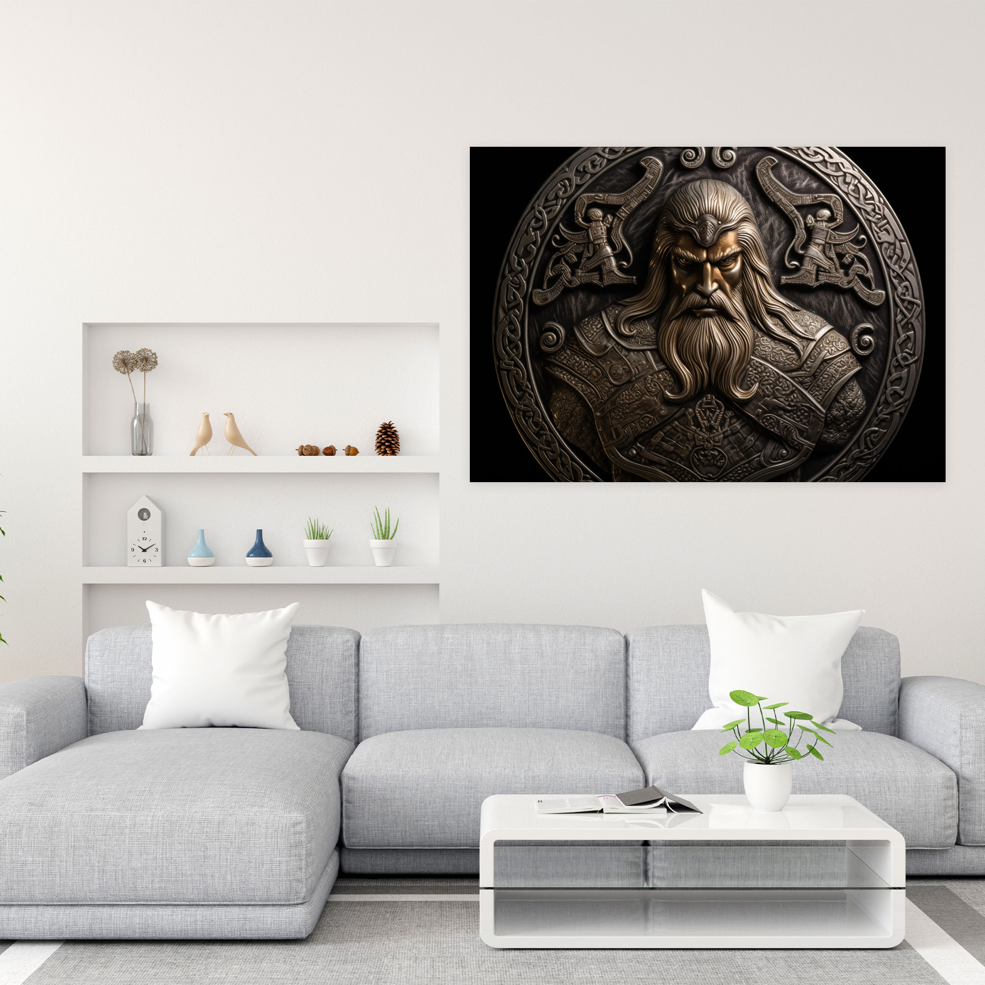 Eski Silahlar Duvar Sanatı - Viking Kılıçlı Savaşçı - Kazılı Metal Kalkanlı Eski Silahlar Duvar Tablosu