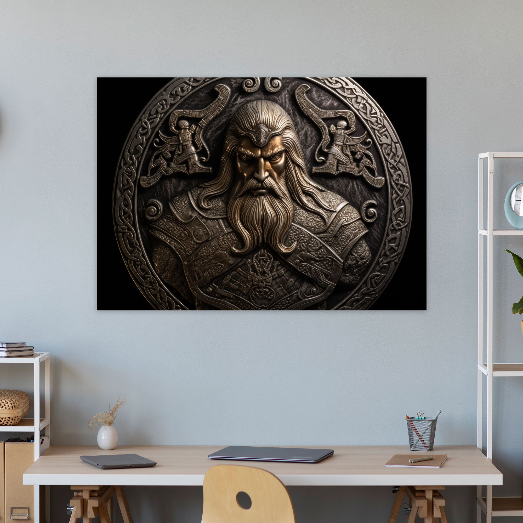 Eski Silahlar Duvar Sanatı - Viking Kılıçlı Savaşçı - Kazılı Metal Kalkanlı Eski Silahlar Duvar Tablosu