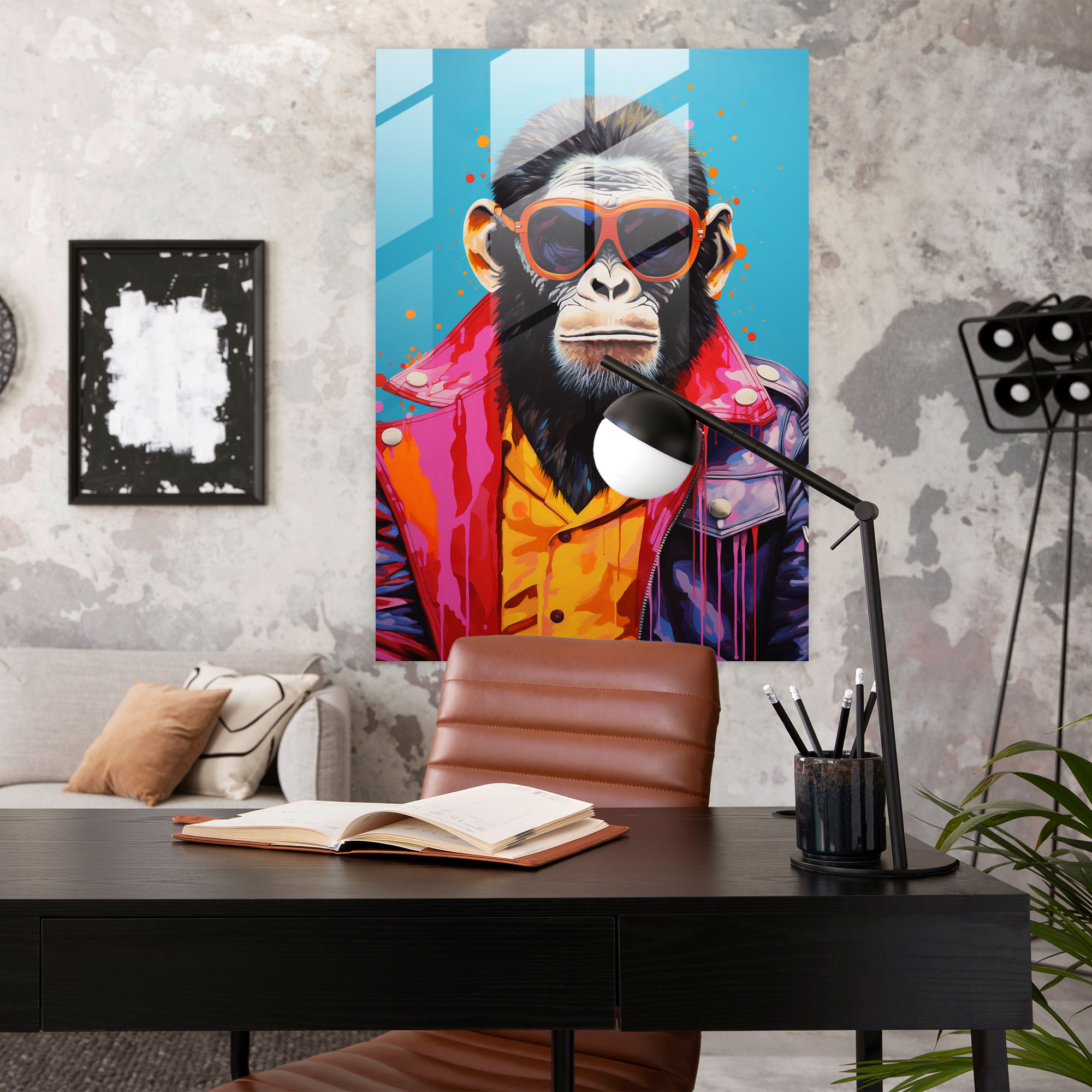Pop Art Cam Tablo - Deri Ceketli Maymun - İnsan Gibi Giyimli Hayvanlar Ev Dekorasyonu Pop Art Esintili