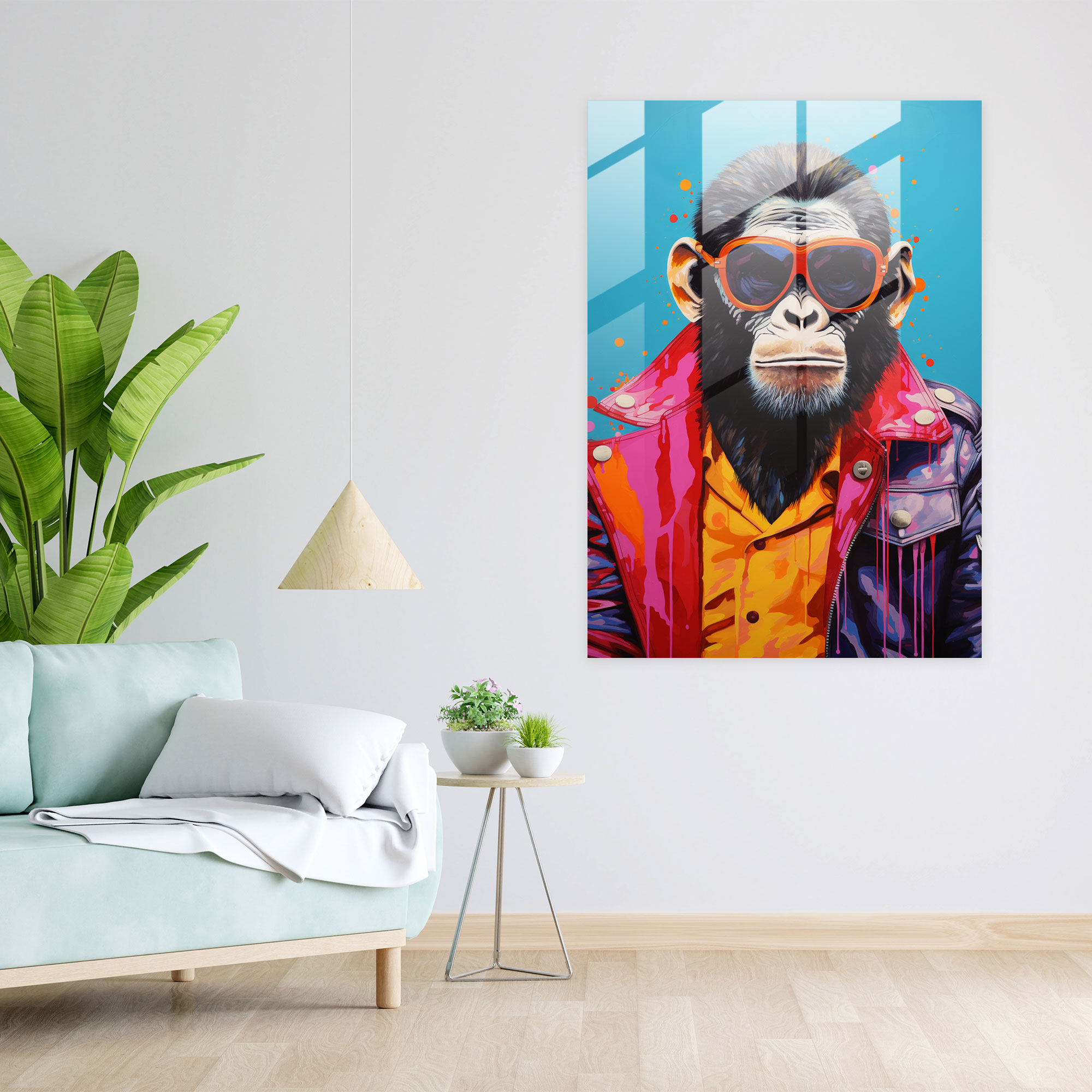 Pop Art Cam Tablo - Deri Ceketli Maymun - İnsan Gibi Giyimli Hayvanlar Ev Dekorasyonu Pop Art Esintili