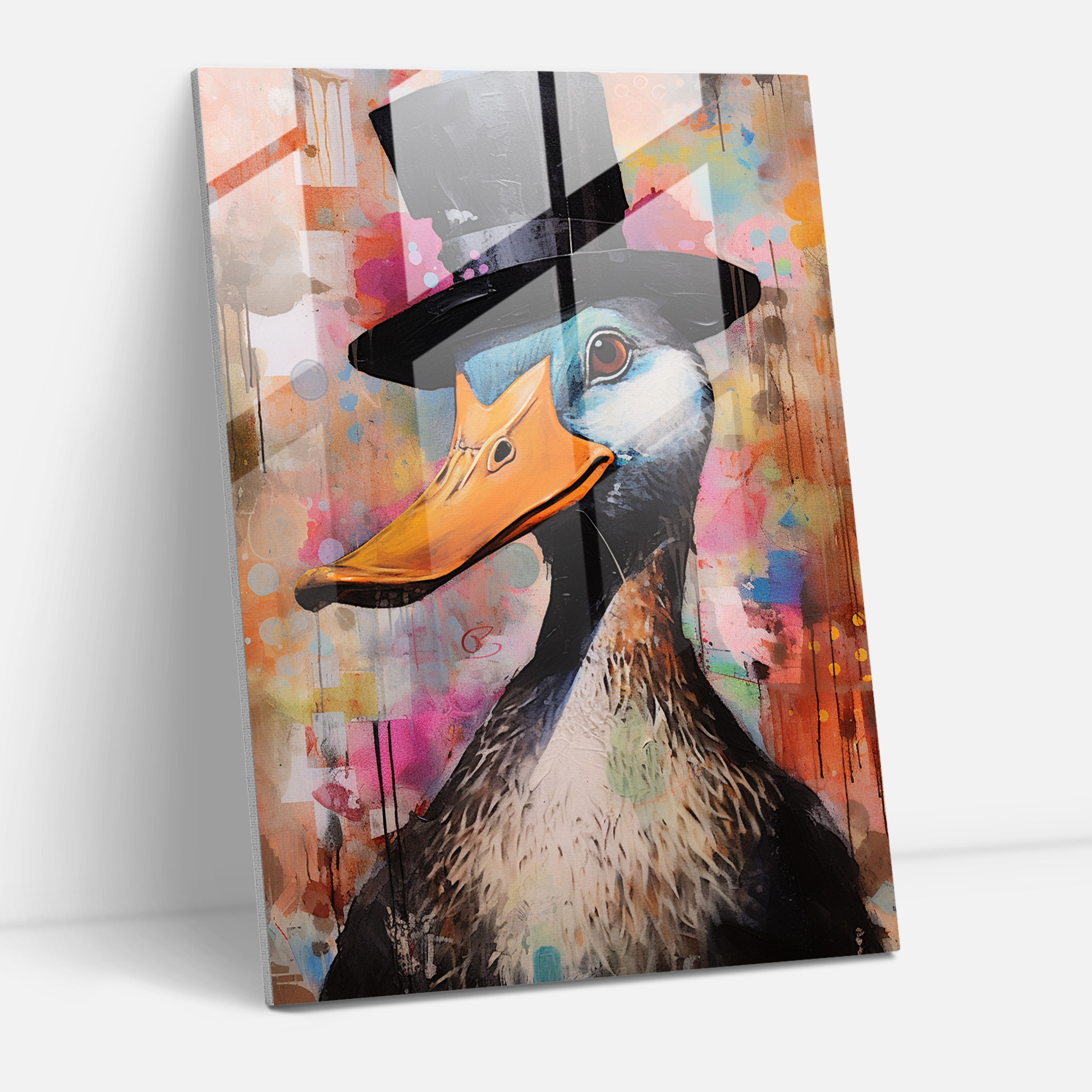 Abstract Glass Print - Duck In Top Hat - Animals Dressed Like Humans, Glass Art, Modern Art, Duck In Top Hat