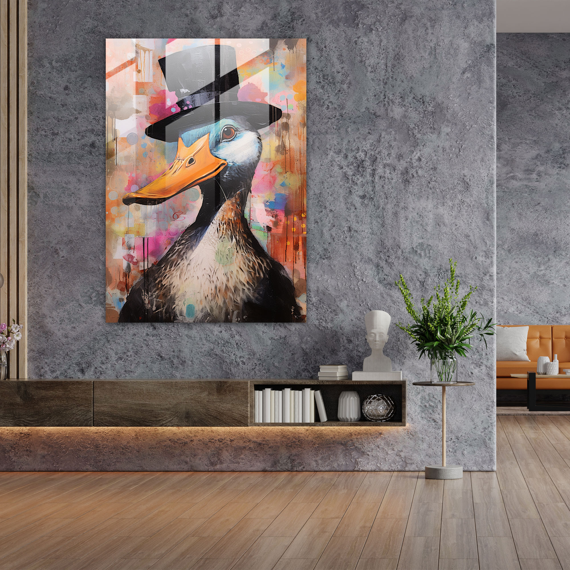 Abstract Glass Print - Duck In Top Hat - Animals Dressed Like Humans, Glass Art, Modern Art, Duck In Top Hat