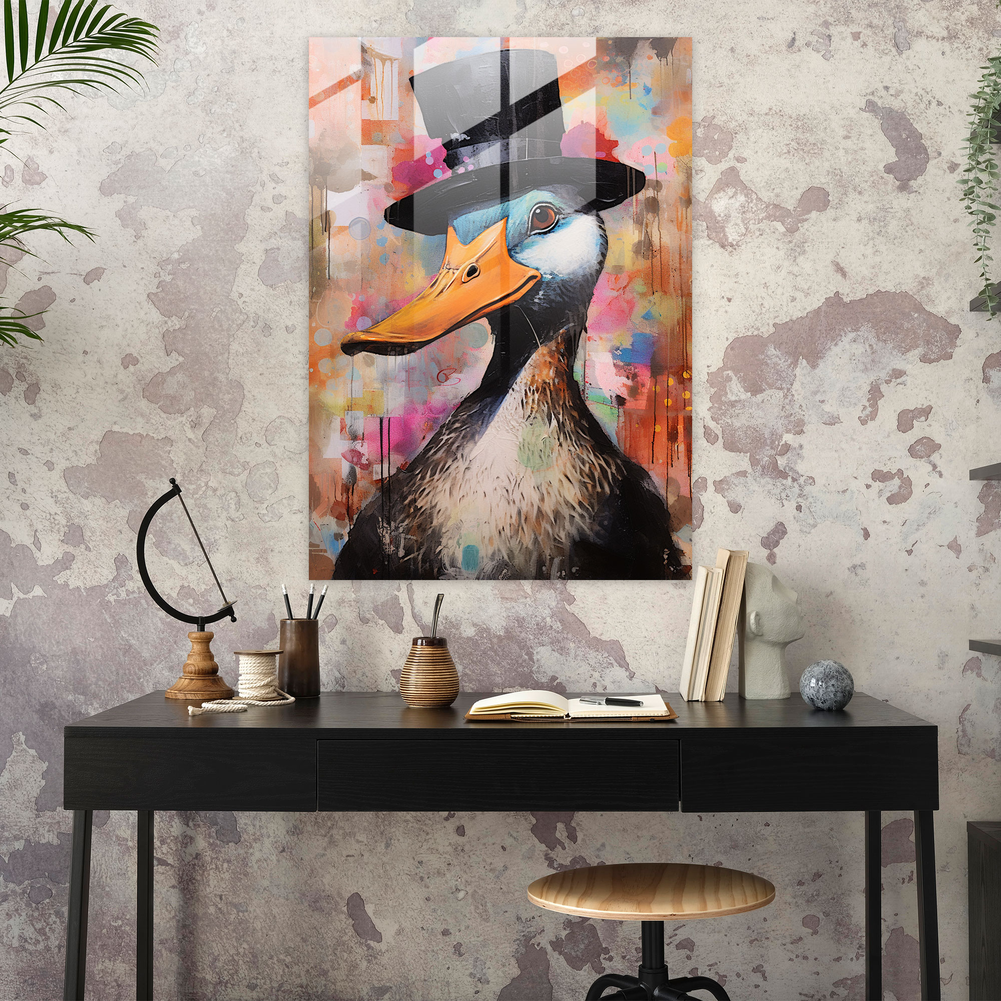 Abstract Glass Print - Duck In Top Hat - Animals Dressed Like Humans, Glass Art, Modern Art, Duck In Top Hat