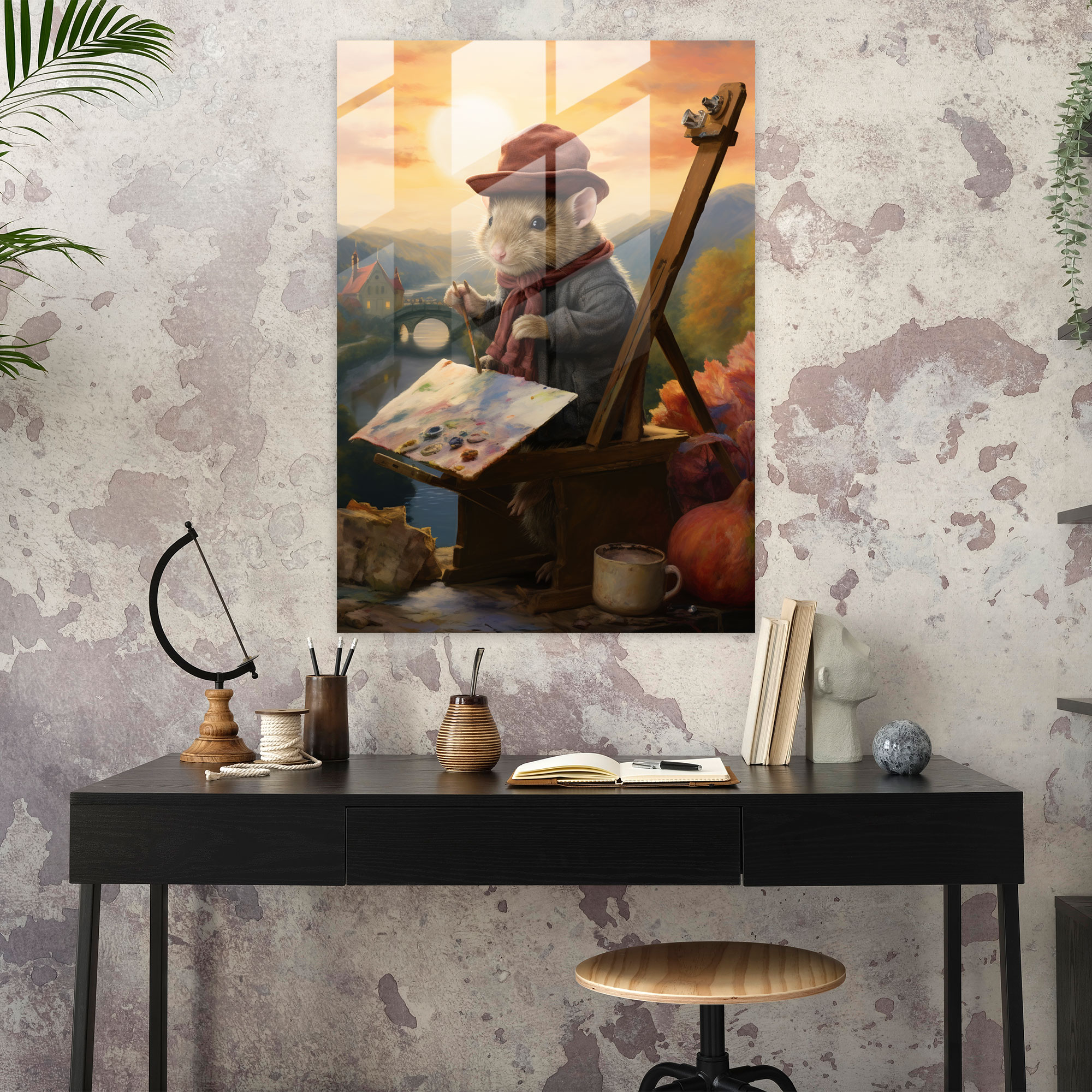 Impressionist Glass Print - Pig With Beret - Animals Dressed Like Humans, Glass Print, Pig With Beret, Animals Dressed Like Humans