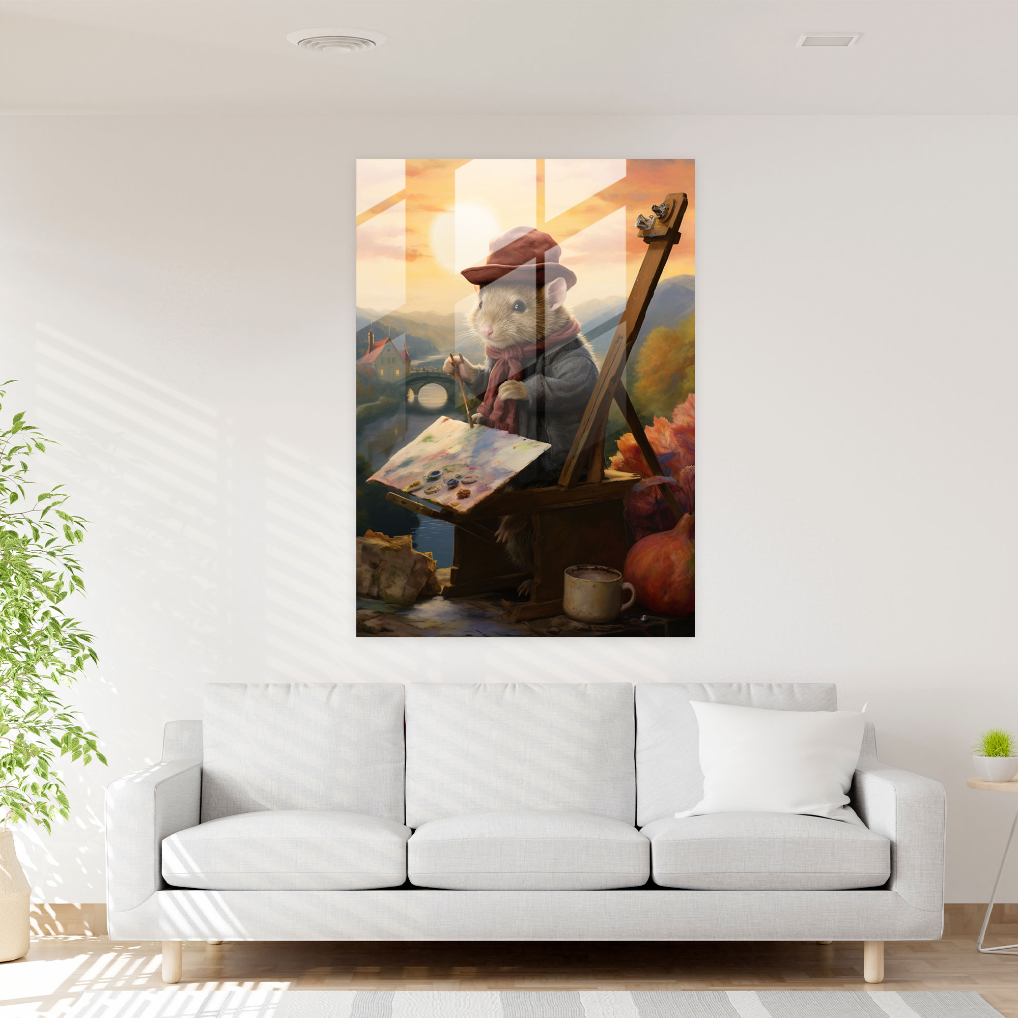 Impressionist Glass Print - Pig With Beret - Animals Dressed Like Humans, Glass Print, Pig With Beret, Animals Dressed Like Humans