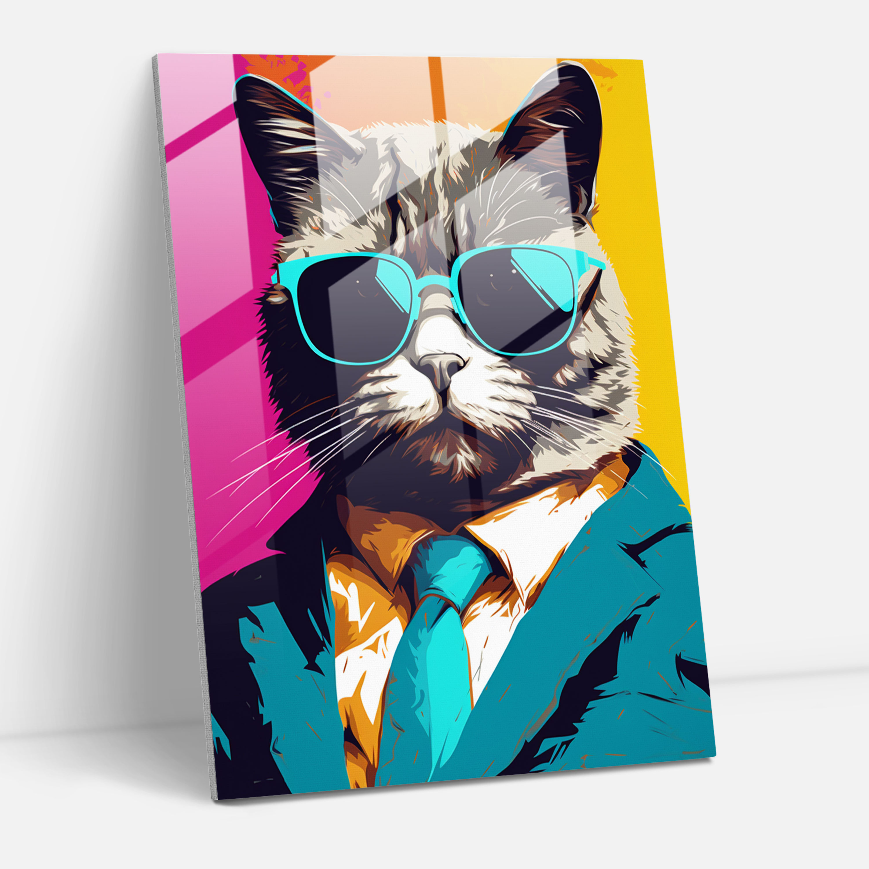 Animals Dressed Like Humans Glass Print - Pop Art Style - Animals Dressed Like Humans, Animals Dressed Like Humans, Glass Print, Cat With Sunglasses