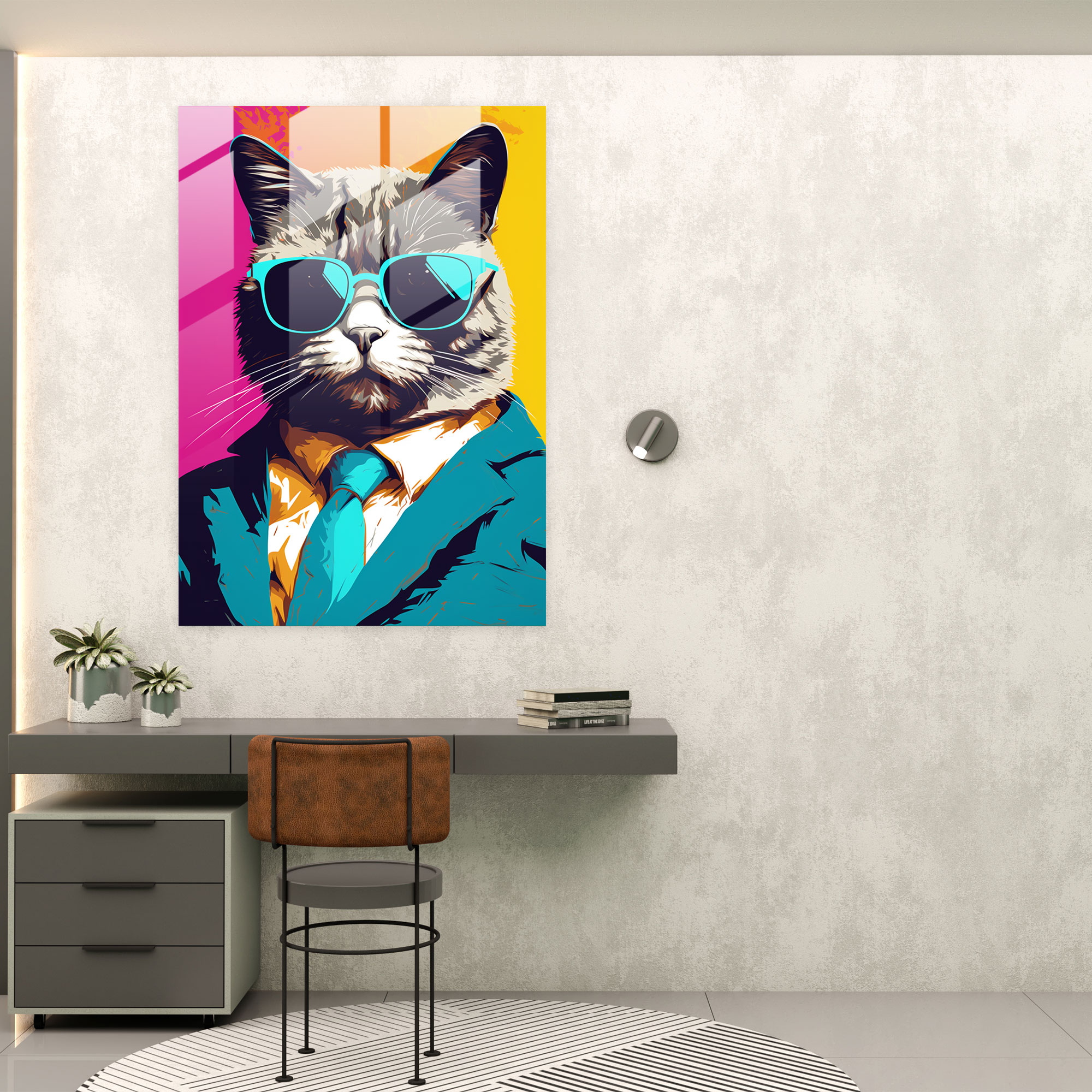 Animals Dressed Like Humans Glass Print - Pop Art Style - Animals Dressed Like Humans, Animals Dressed Like Humans, Glass Print, Cat With Sunglasses