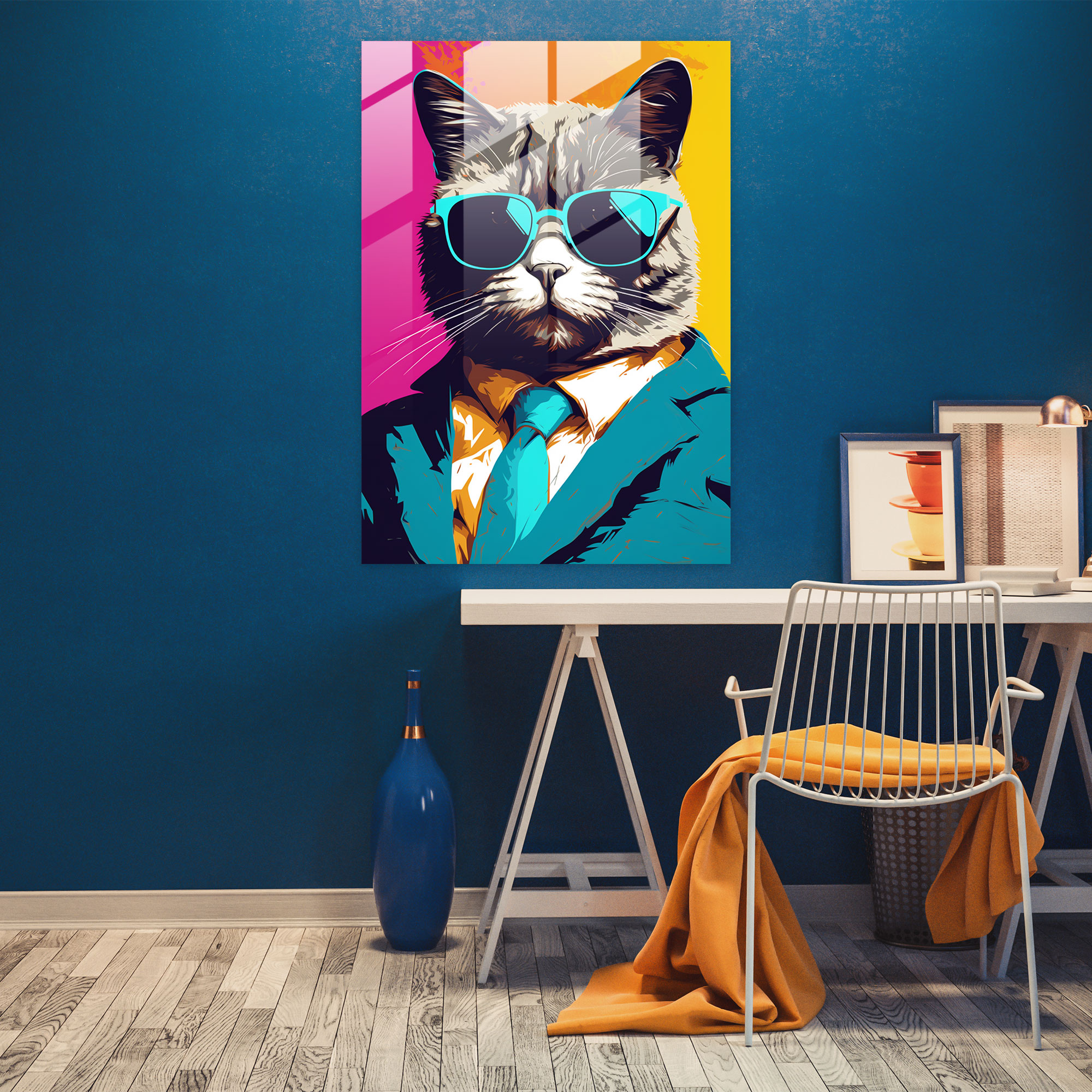Animals Dressed Like Humans Glass Print - Pop Art Style - Animals Dressed Like Humans, Animals Dressed Like Humans, Glass Print, Cat With Sunglasses