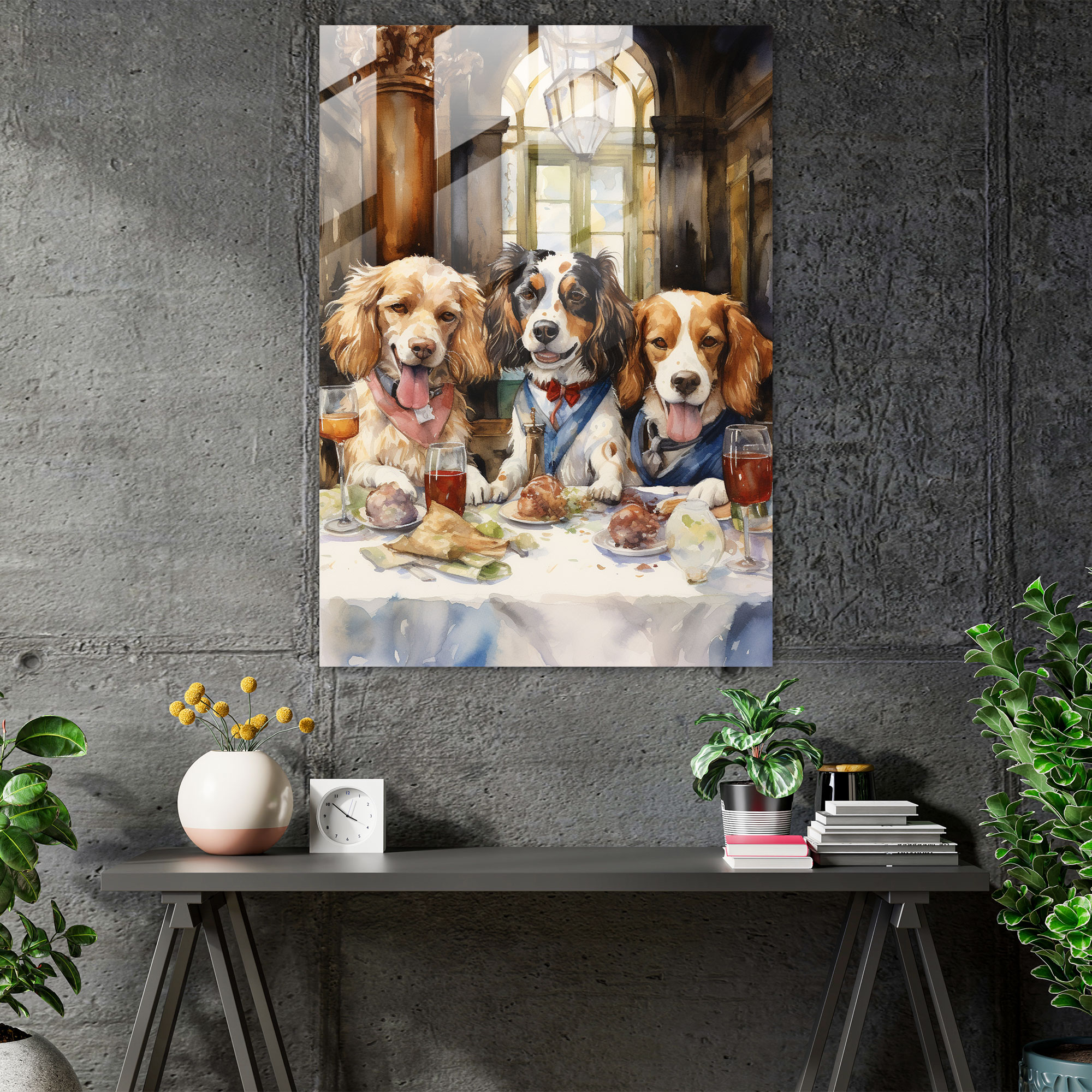 Animals Dressed Like Humans Glass Wall Art - Watercolor Painting - Animals Dressed Like Humans, Wall Decoration, Glass Print, Dogs At Restaurant