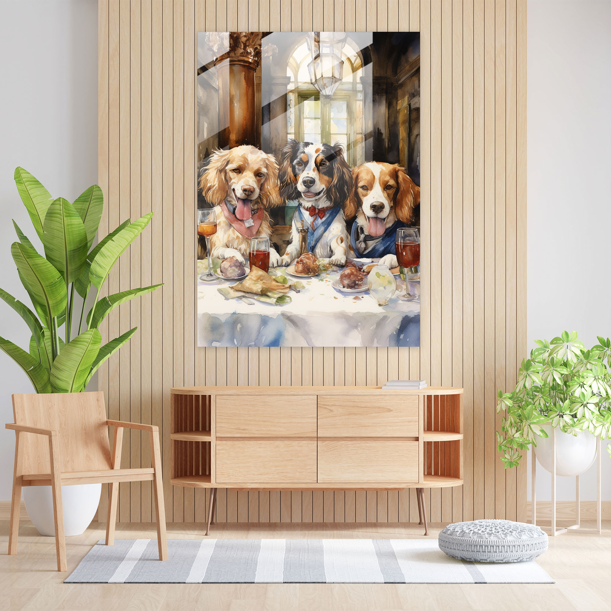 Animals Dressed Like Humans Glass Wall Art - Watercolor Painting - Animals Dressed Like Humans, Wall Decoration, Glass Print, Dogs At Restaurant