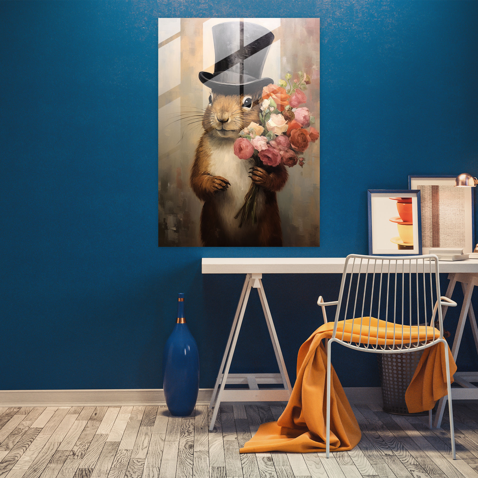 Animals Dressed Like Humans Glass Print - Impressionist Painting - Animals Dressed Like Humans, Squirrel In Bowler Hat, Animals Dressed Like Humans, Impressionist Painting