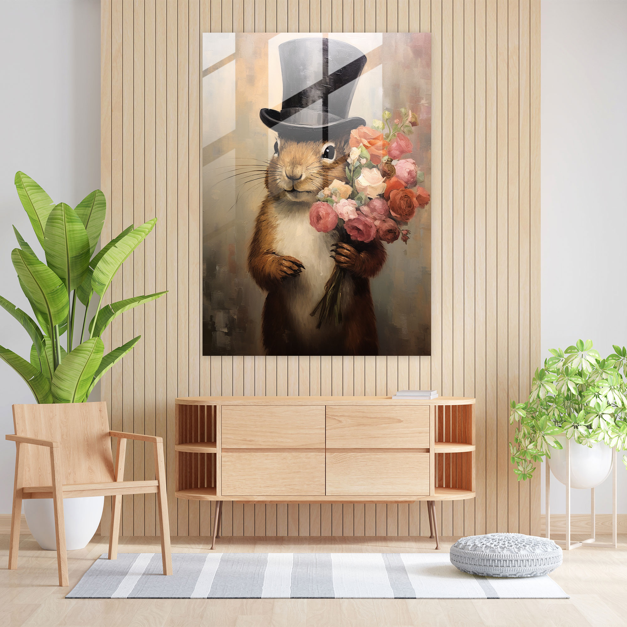 Animals Dressed Like Humans Glass Print - Impressionist Painting - Animals Dressed Like Humans, Squirrel In Bowler Hat, Animals Dressed Like Humans, Impressionist Painting