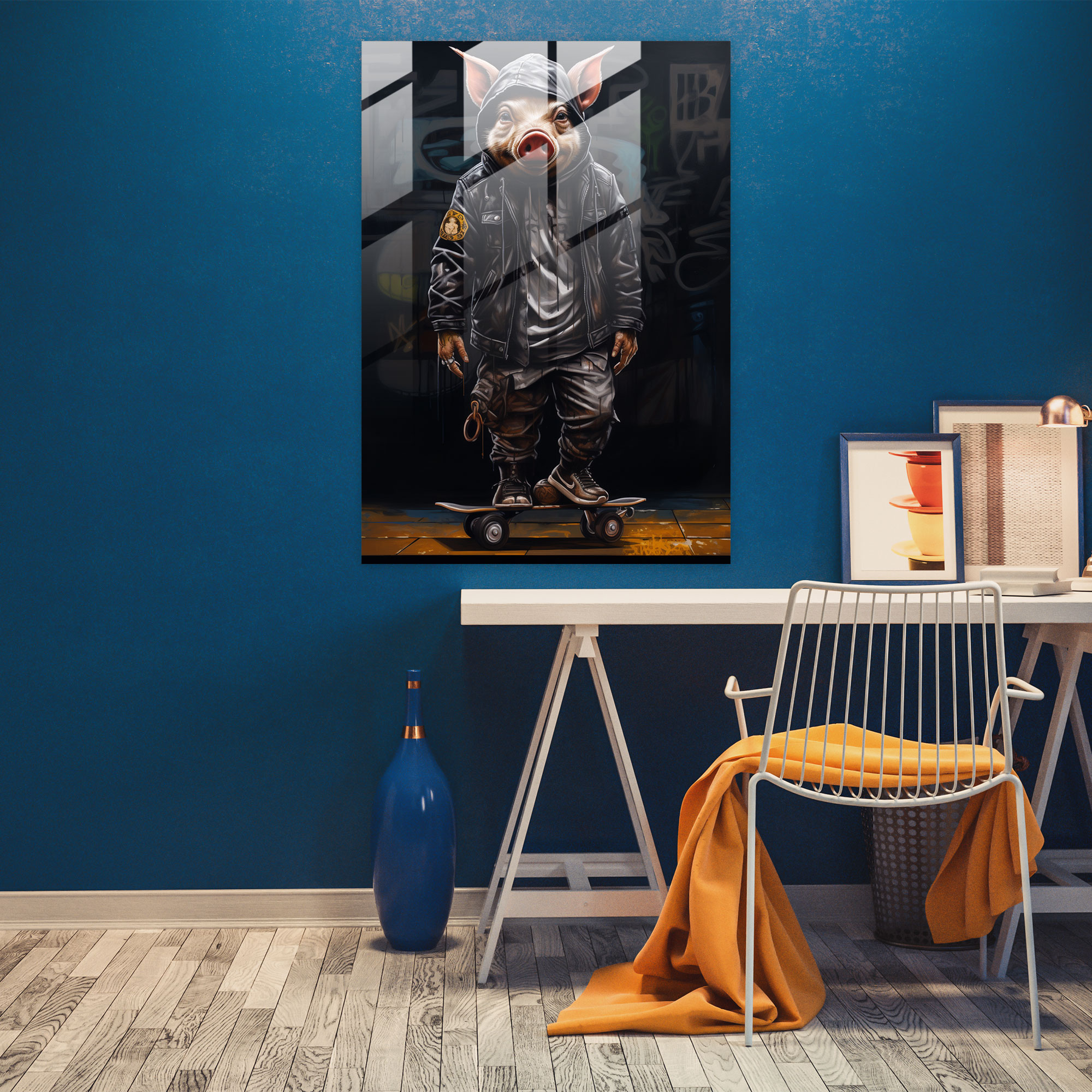 Animals Dressed Like Humans Glass Wall Art - Graffiti Art - Animals Dressed Like Humans, Holding Skateboard, Wall Decoration, Glass Print