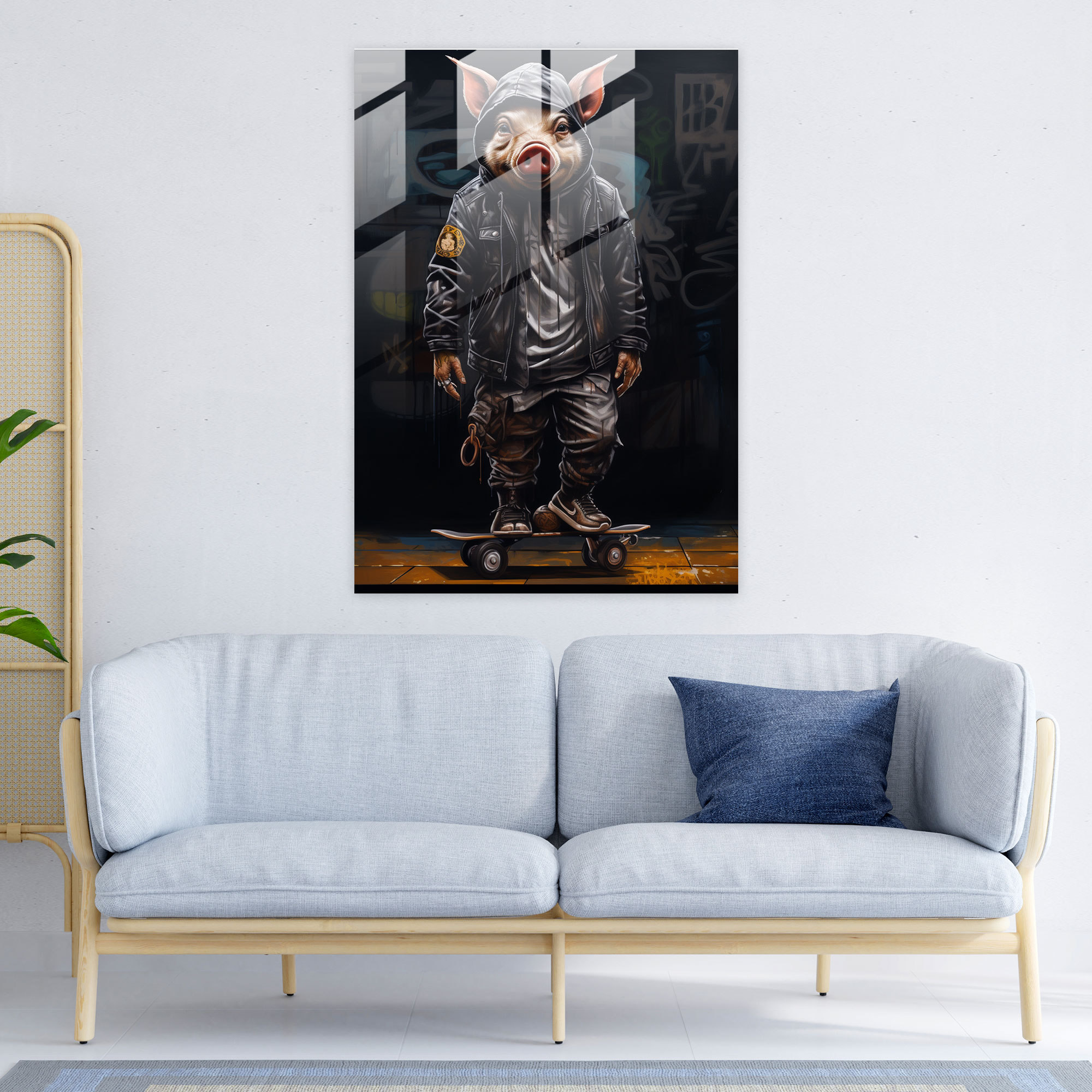 Animals Dressed Like Humans Glass Wall Art - Graffiti Art - Animals Dressed Like Humans, Holding Skateboard, Wall Decoration, Glass Print