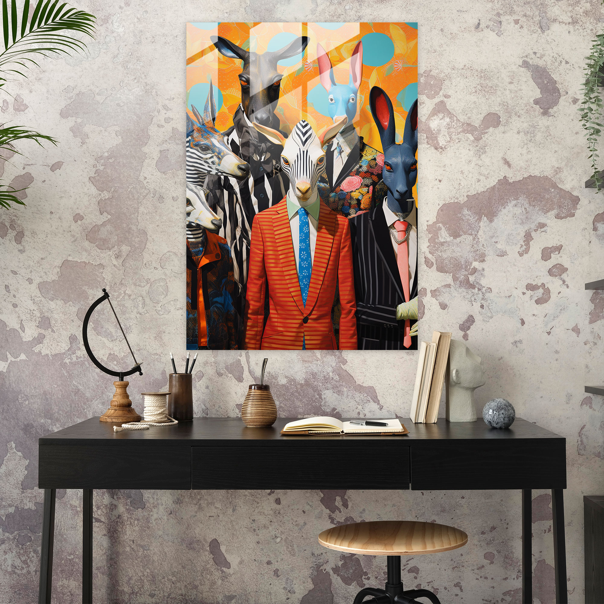 Animals Dressed Like Humans Glass Print - Animals Dressed Like Humans, Wall Decoration, Abstract Collage, Glass Print